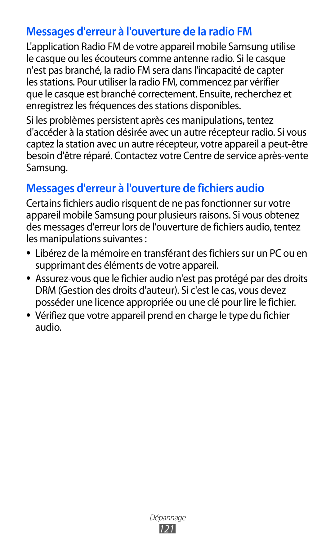 Samsung GT-B5510WSAFTM manual Messages derreur à louverture de la radio FM, Messages derreur à louverture de fichiers audio 