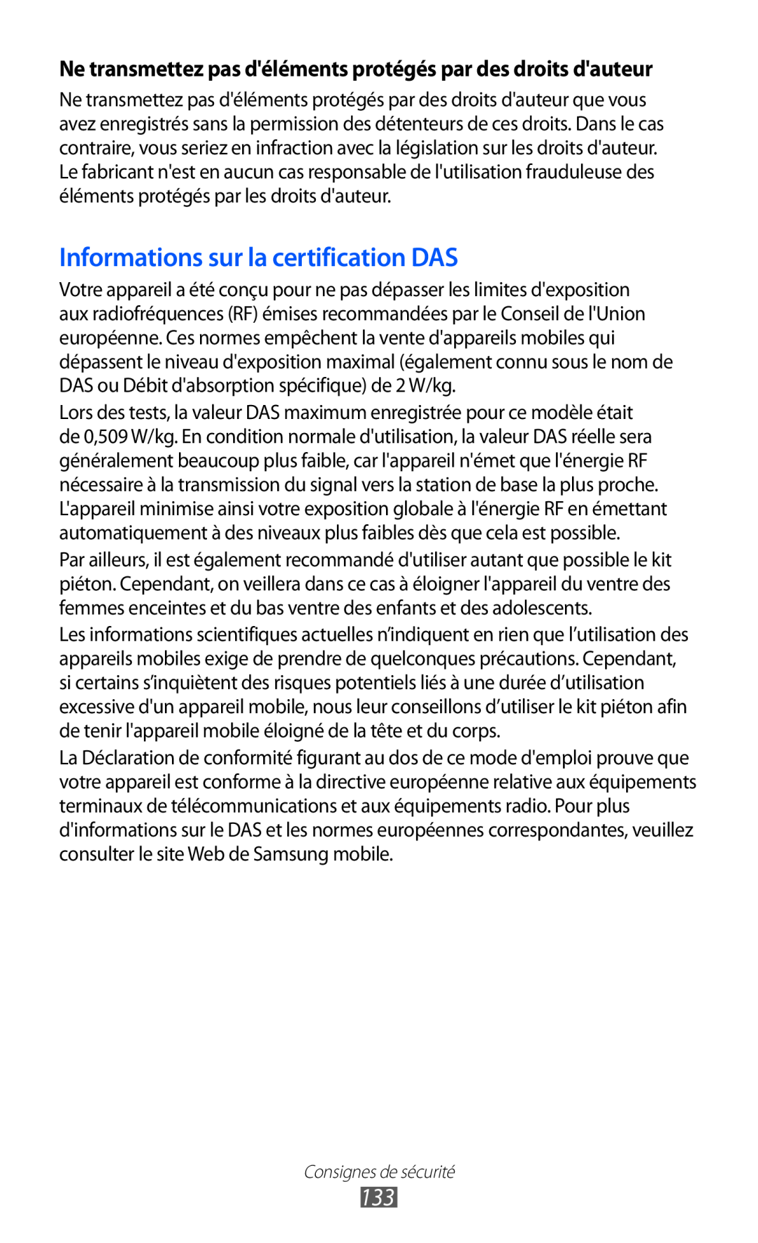 Samsung GT-B5510WSAXEF Informations sur la certification DAS, Ne transmettez pas déléments protégés par des droits dauteur 