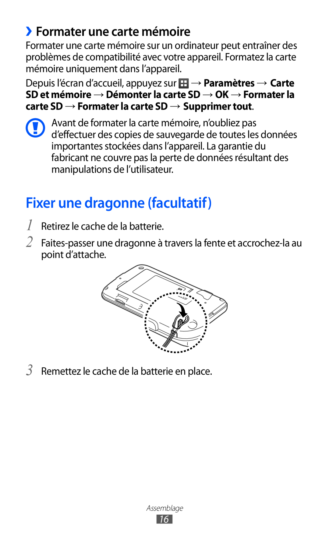 Samsung GT-B5510WSAFTM, GT-B5510CAANRJ, GT-B5510CAAXEF manual Fixer une dragonne facultatif, ››Formater une carte mémoire 