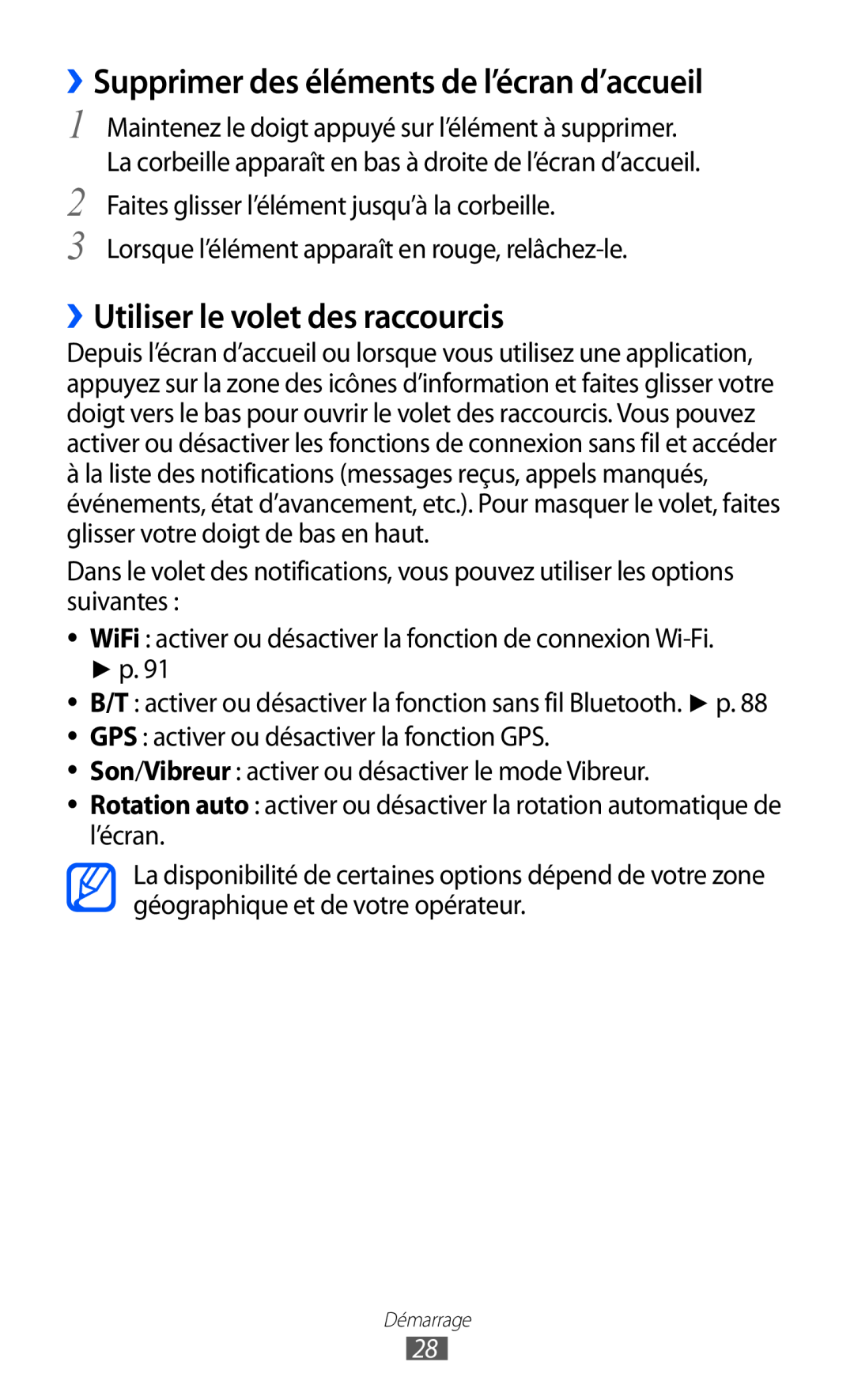 Samsung GT-B5510WSAXEF, GT-B5510CAANRJ ››Supprimer des éléments de l’écran d’accueil, ››Utiliser le volet des raccourcis 