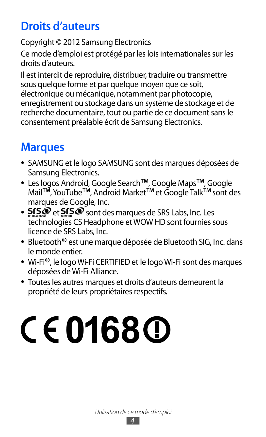 Samsung GT-B5510CAAFTM, GT-B5510CAANRJ, GT-B5510WSAFTM, GT-B5510CAAXEF, GT-B5510WSAXEF manual Droits d’auteurs, Marques 