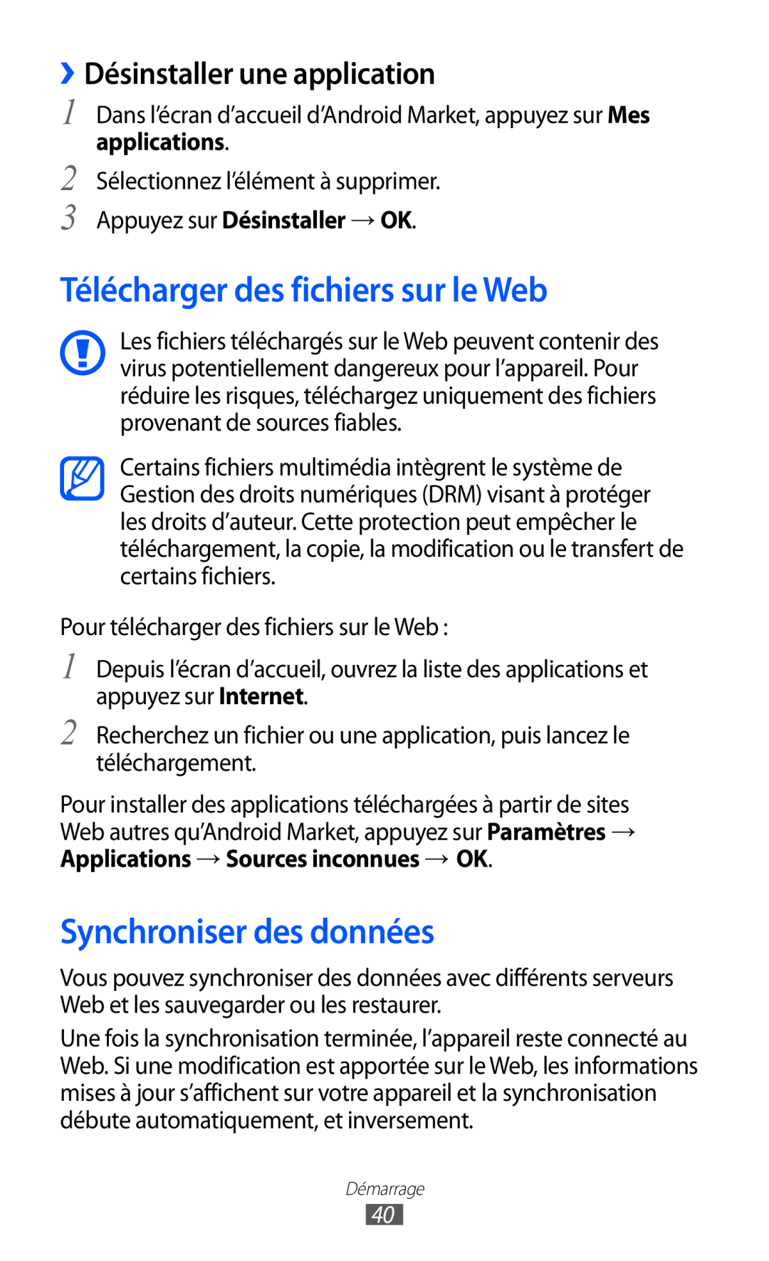 Samsung GT-B5510CAANRJ manual Télécharger des fichiers sur le Web, Synchroniser des données, ››Désinstaller une application 