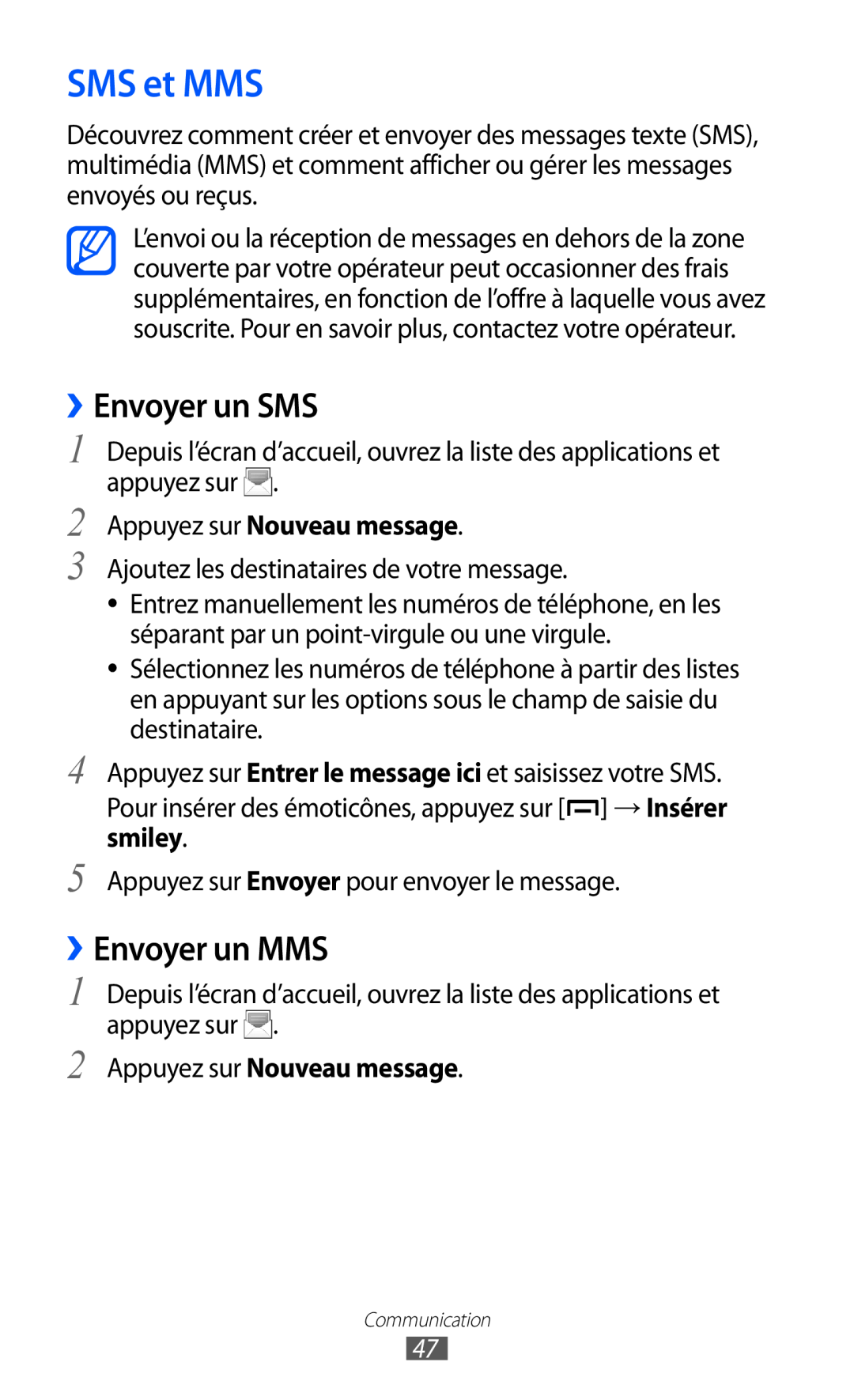 Samsung GT-B5510CAAXEF, GT-B5510CAANRJ manual SMS et MMS, ››Envoyer un SMS, ››Envoyer un MMS, Appuyez sur Nouveau message 