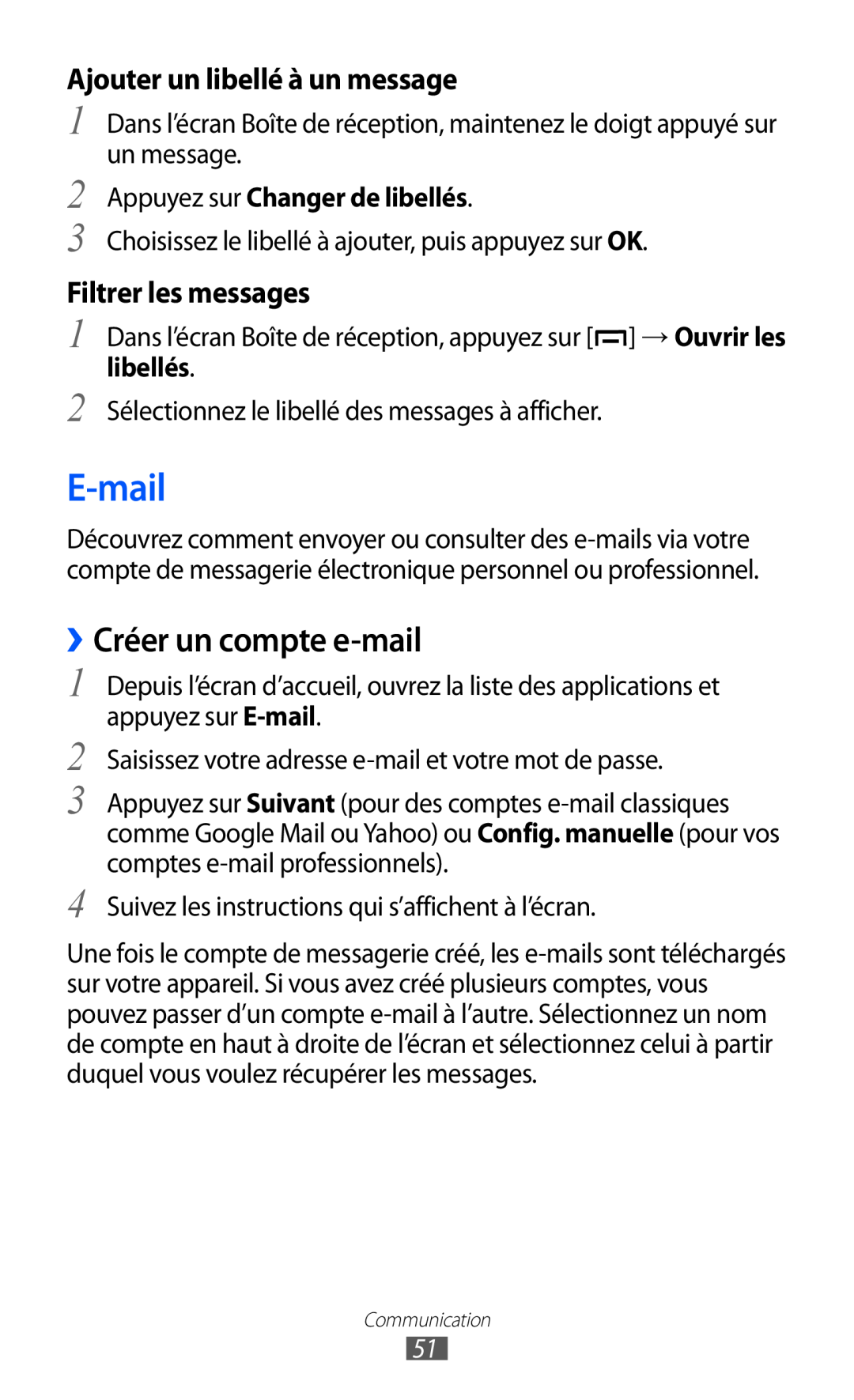 Samsung GT-B5510WSAFTM E-mail, ››Créer un compte e-mail, Ajouter un libellé à un message, Filtrer les messages, libellés 