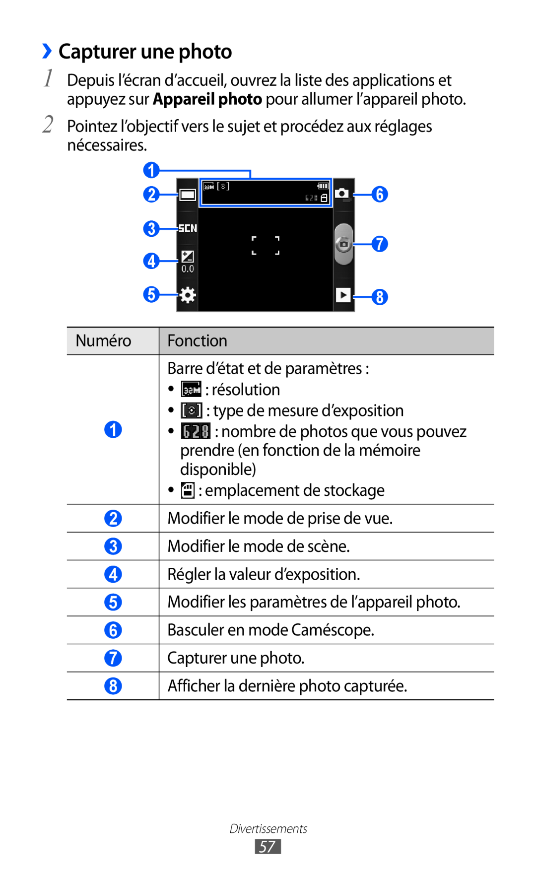 Samsung GT-B5510CAAXEF manual ››Capturer une photo, Numéro, Fonction, Barre d’état et de paramètres, résolution, disponible 
