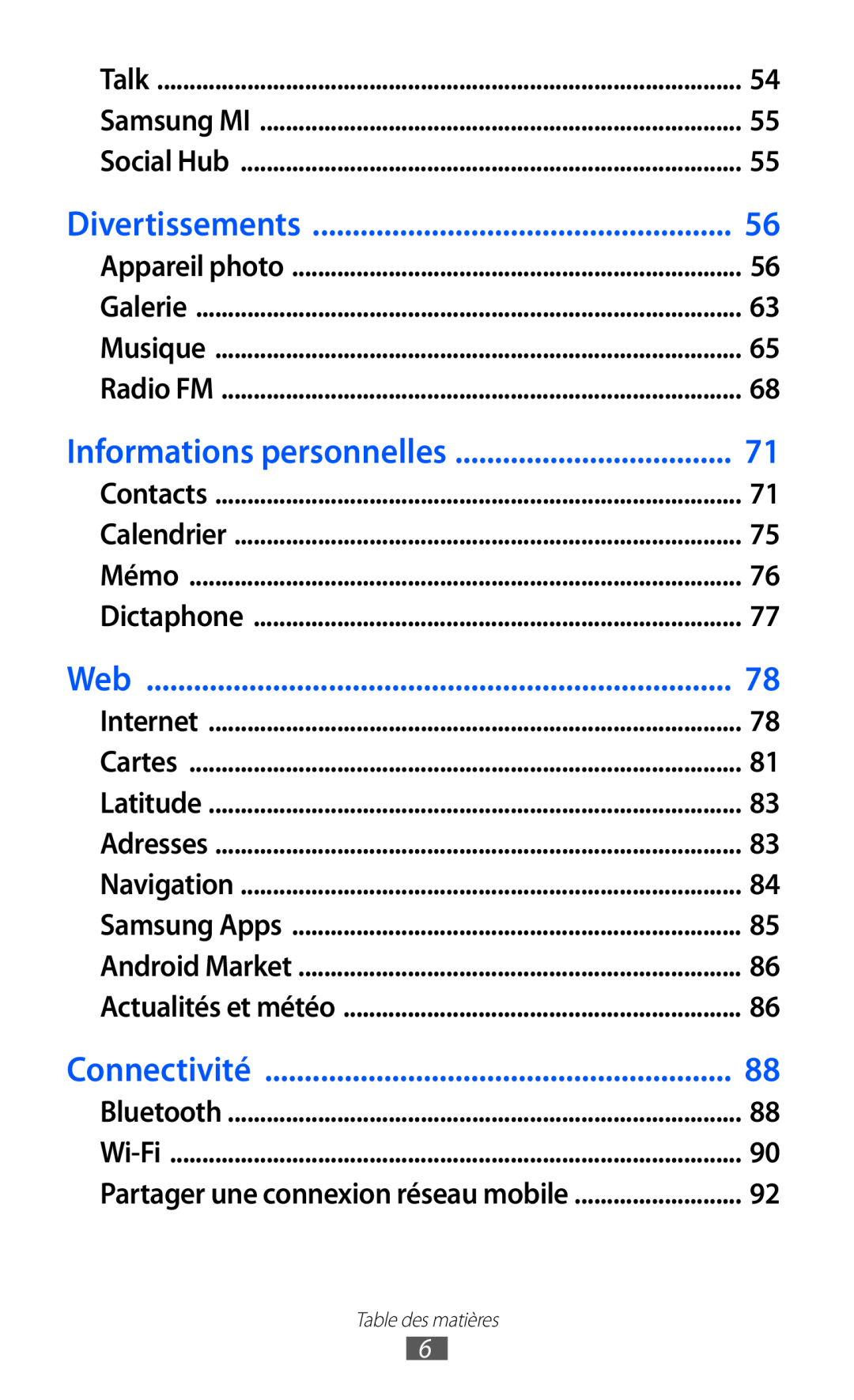 Samsung GT-B5510WSAFTM Informations personnelles, Divertissements, Connectivité, Partager une connexion réseau mobile 
