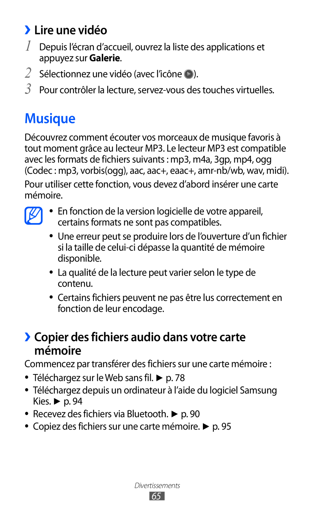 Samsung GT-B5510CAANRJ, GT-B5510WSAFTM Musique, ››Lire une vidéo, ››Copier des fichiers audio dans votre carte mémoire 