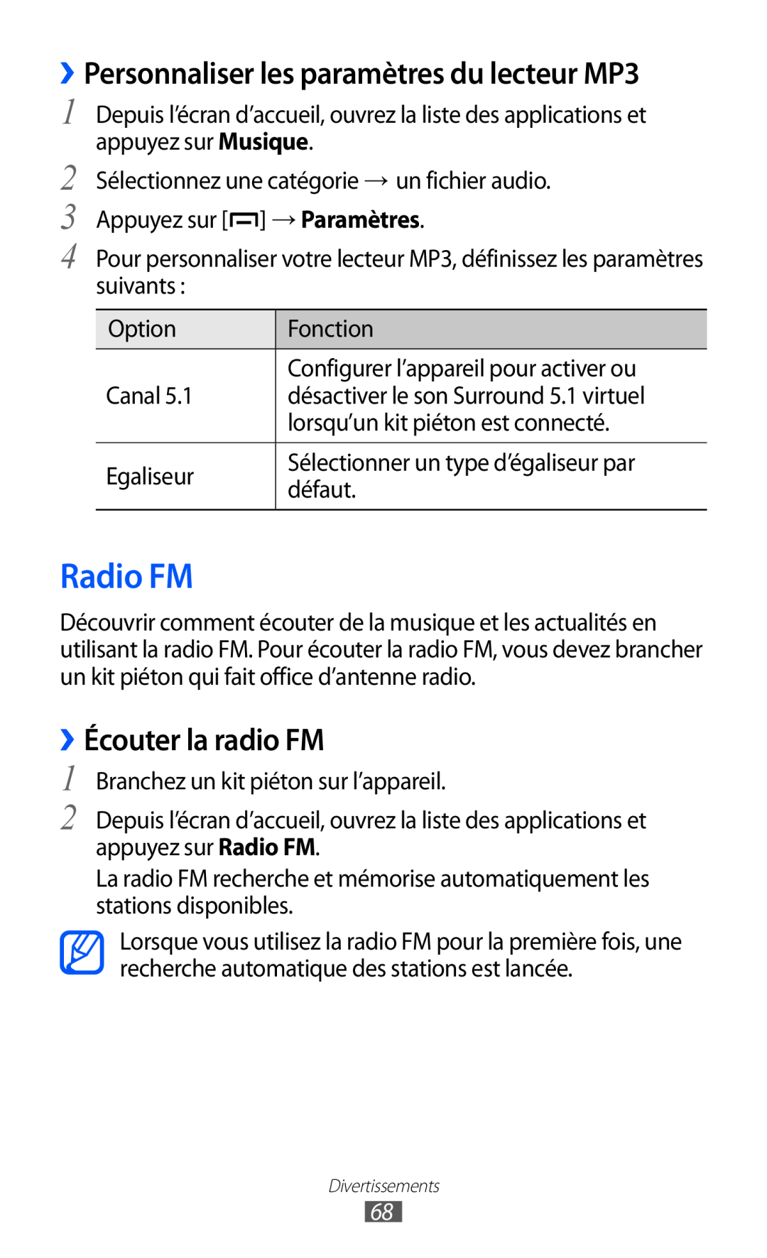 Samsung GT-B5510WSAXEF, GT-B5510CAANRJ manual Radio FM, ››Personnaliser les paramètres du lecteur MP3, ››Écouter la radio FM 