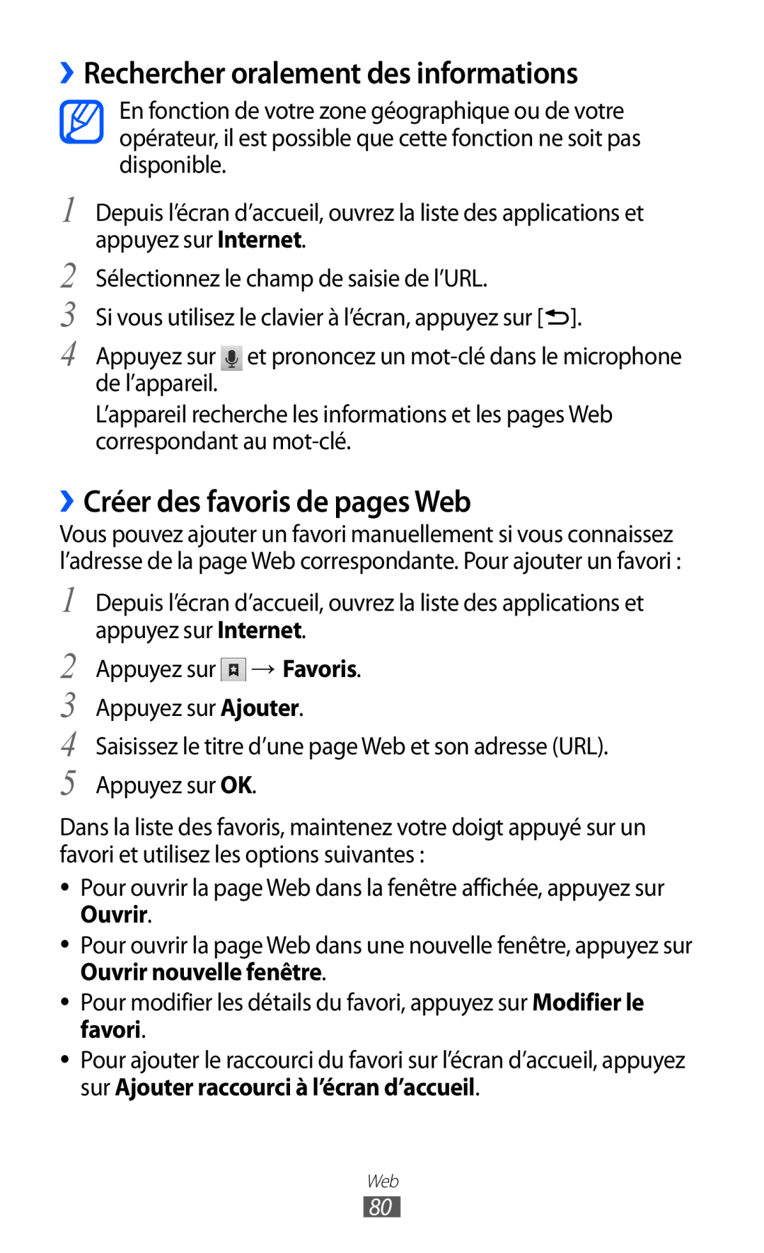 Samsung GT-B5510CAANRJ, GT-B5510WSAFTM manual ››Rechercher oralement des informations, ››Créer des favoris de pages Web 