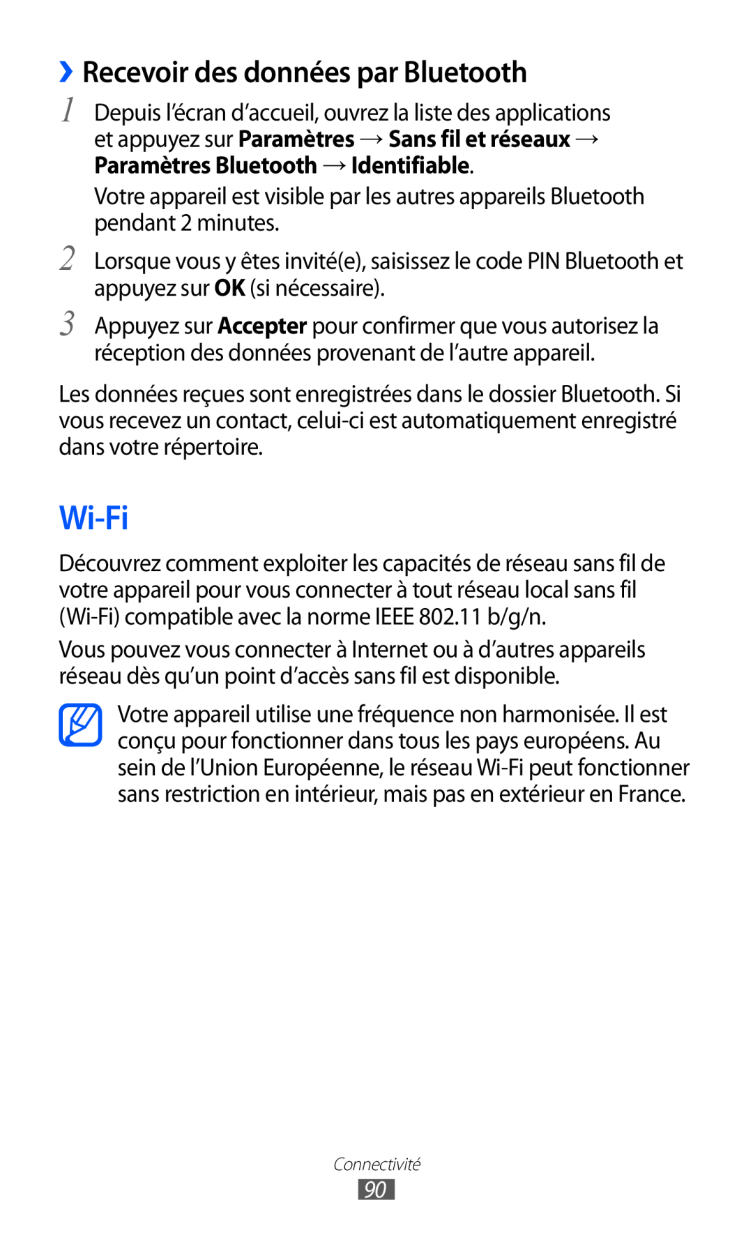 Samsung GT-B5510CAANRJ, GT-B5510WSAFTM, GT-B5510CAAXEF, GT-B5510WSAXEF manual Wi-Fi, ››Recevoir des données par Bluetooth 