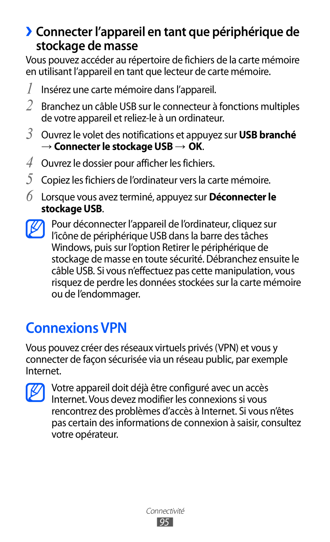 Samsung GT-B5510CAANRJ Connexions VPN, ››Connecter l’appareil en tant que périphérique de stockage de masse, stockage USB 