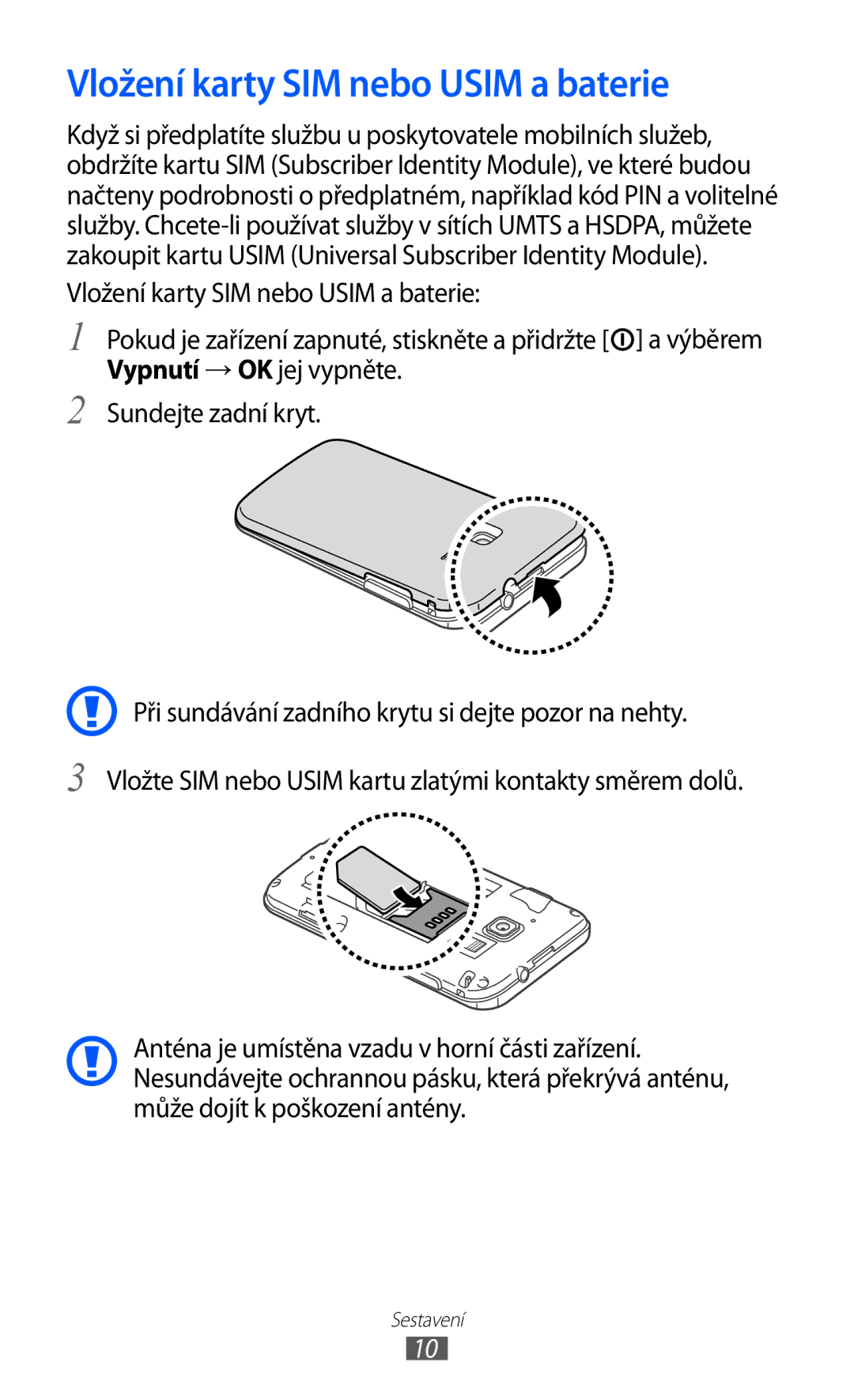 Samsung GT-B5510CAAO2C, GT-B5510CAAXSK manual Vložení karty SIM nebo Usim a baterie 