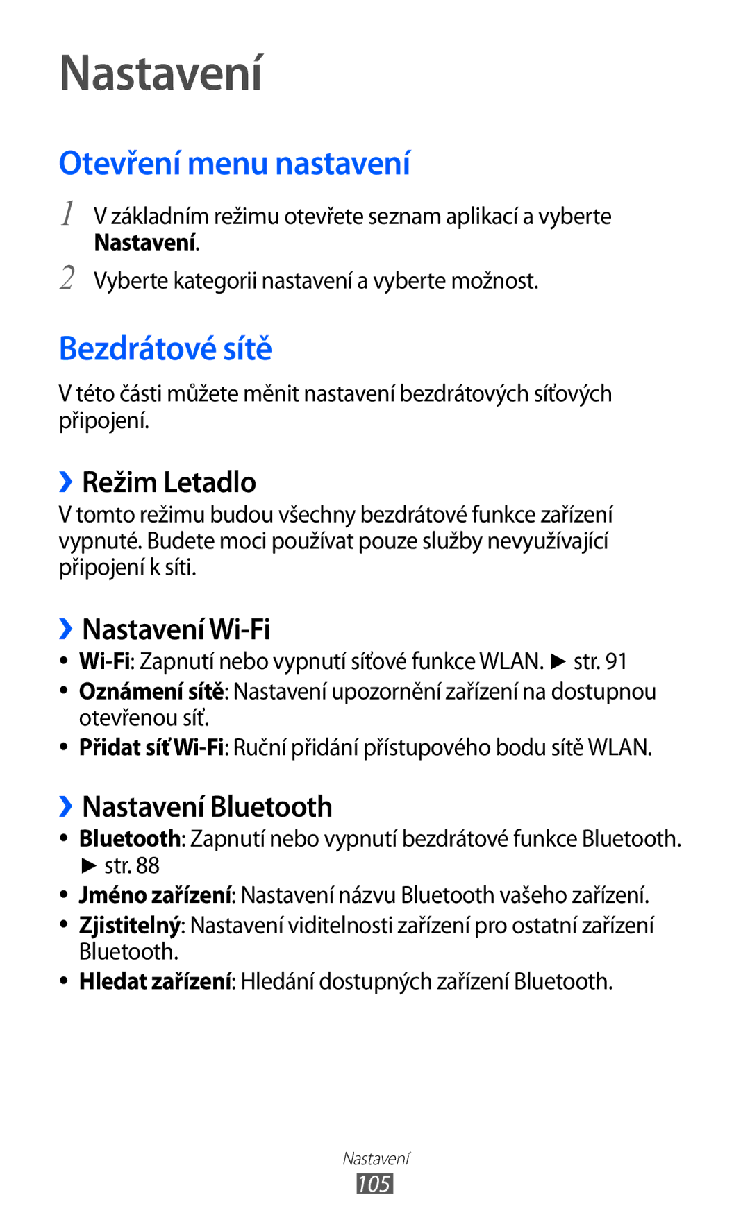 Samsung GT-B5510CAAXSK, GT-B5510CAAO2C manual Nastavení, Otevření menu nastavení, Bezdrátové sítě 