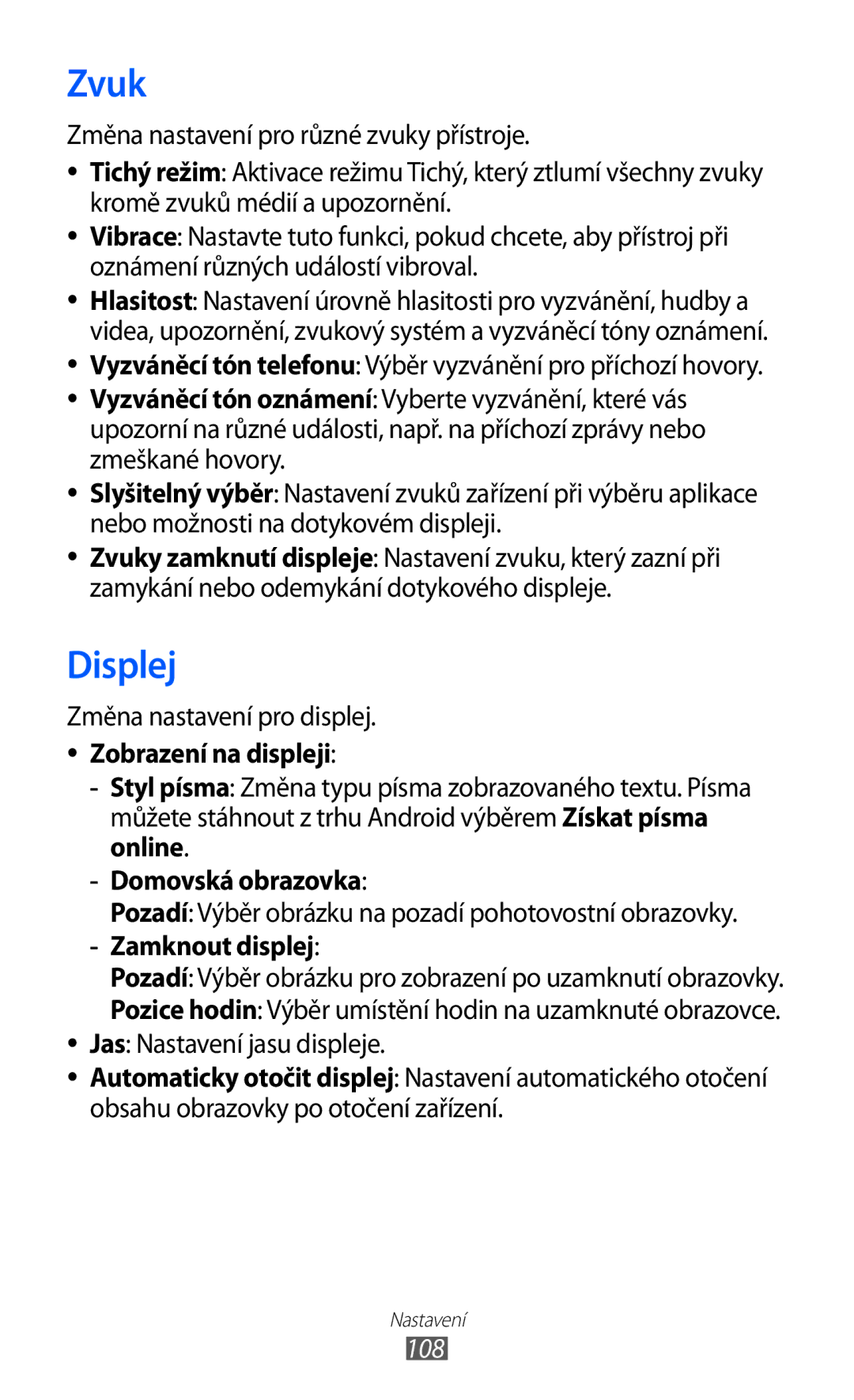 Samsung GT-B5510CAAO2C, GT-B5510CAAXSK manual Zvuk, Displej, Zobrazení na displeji, Domovská obrazovka, Zamknout displej 