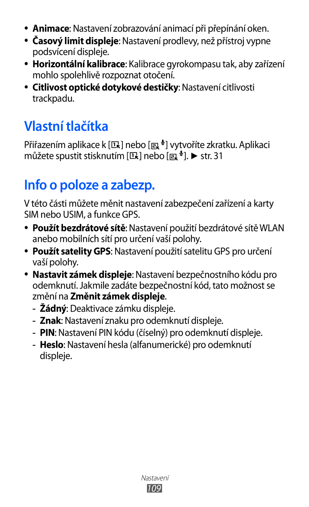 Samsung GT-B5510CAAXSK, GT-B5510CAAO2C manual Vlastní tlačítka, Info o poloze a zabezp, 109 