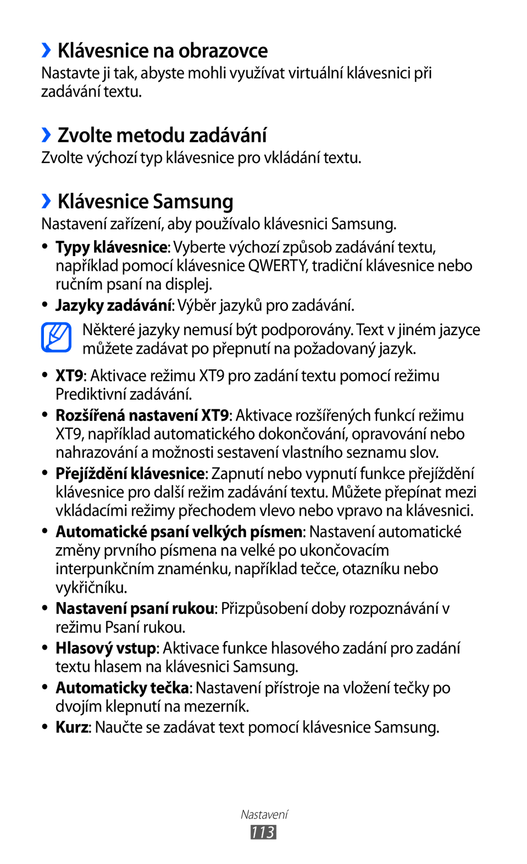 Samsung GT-B5510CAAXSK, GT-B5510CAAO2C manual ››Klávesnice na obrazovce, ››Zvolte metodu zadávání, ››Klávesnice Samsung, 113 