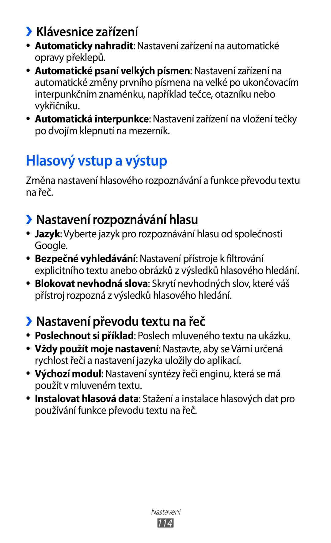 Samsung GT-B5510CAAO2C, GT-B5510CAAXSK Hlasový vstup a výstup, ››Klávesnice zařízení, ››Nastavení rozpoznávání hlasu, 114 