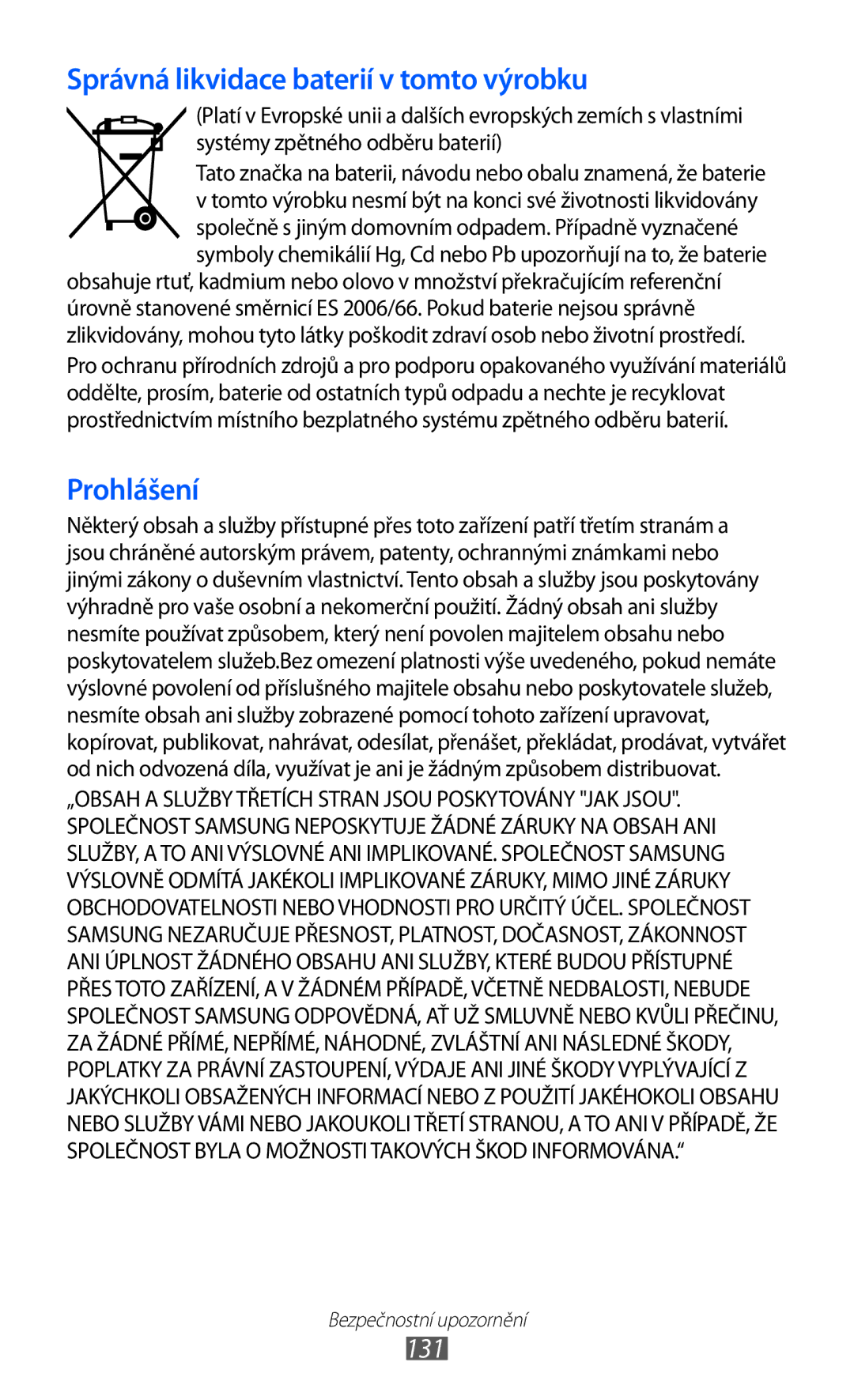 Samsung GT-B5510CAAXSK, GT-B5510CAAO2C manual Správná likvidace baterií v tomto výrobku, 131 