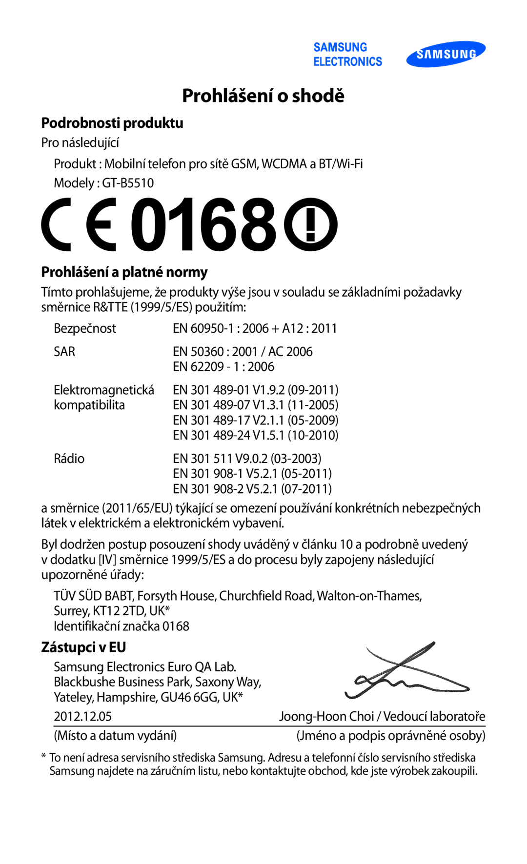 Samsung GT-B5510CAAXSK, GT-B5510CAAO2C manual Prohlášení o shodě 