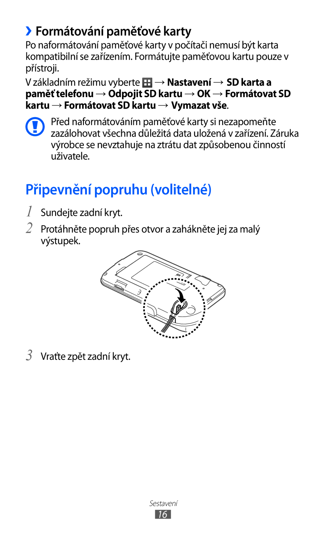 Samsung GT-B5510CAAO2C, GT-B5510CAAXSK manual Připevnění popruhu volitelné, ››Formátování paměťové karty 