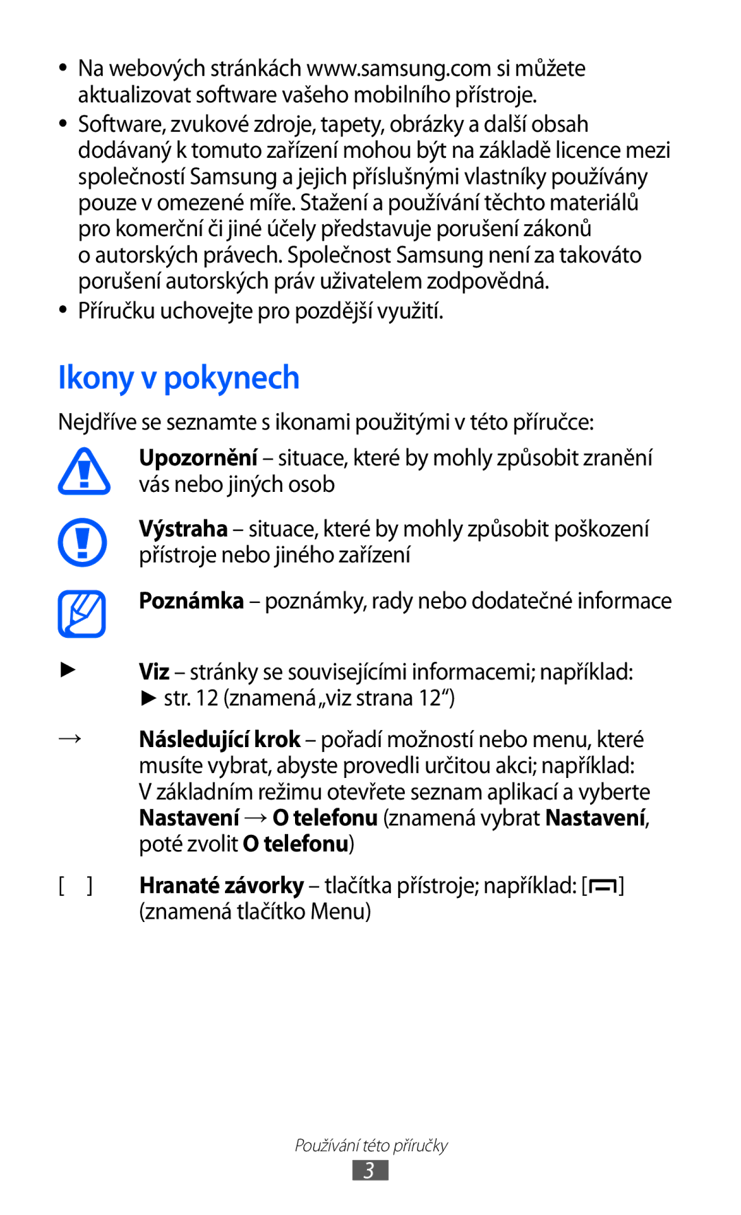 Samsung GT-B5510CAAXSK, GT-B5510CAAO2C Ikony v pokynech, Příručku uchovejte pro pozdější využití, Znamená tlačítko Menu 