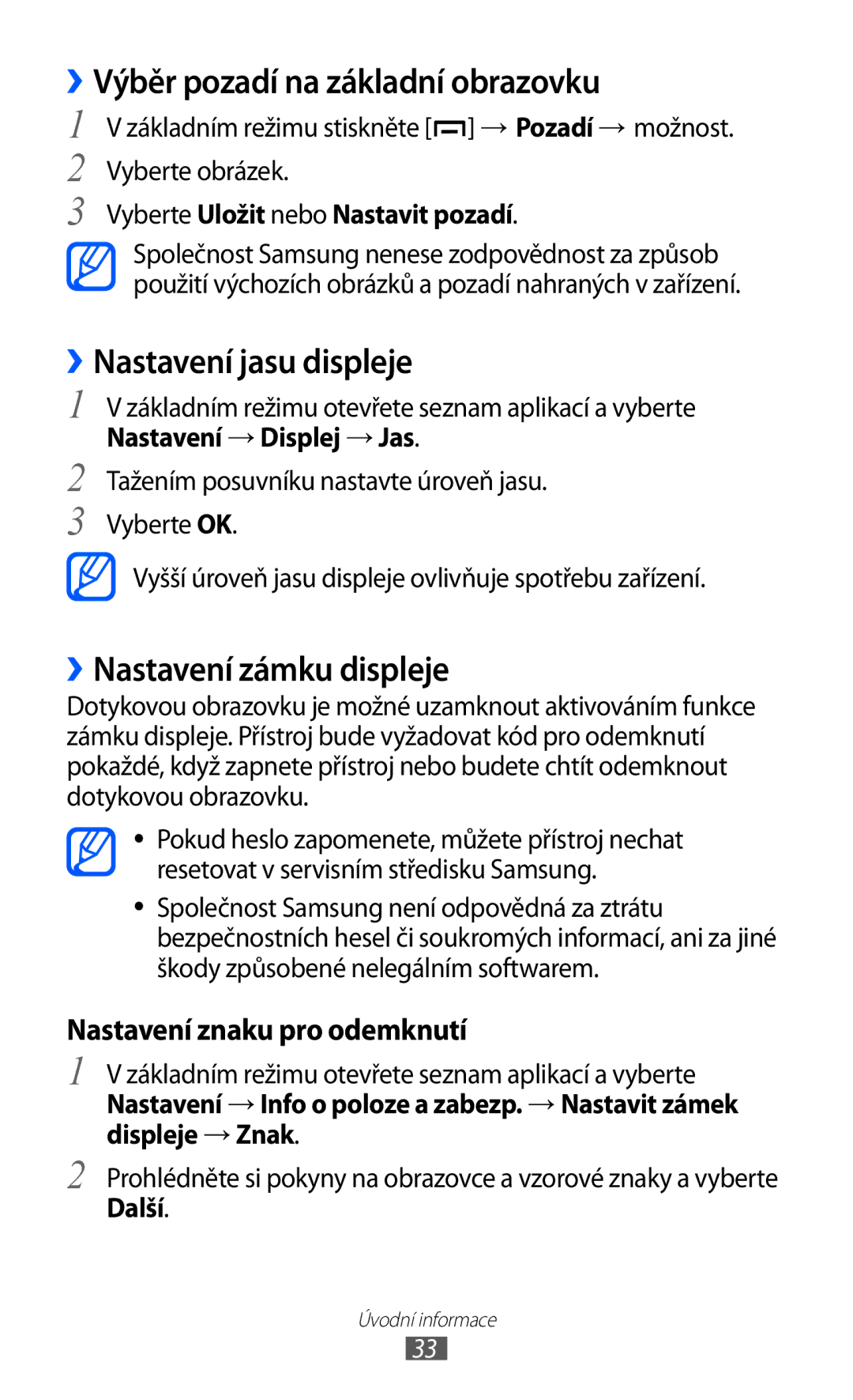 Samsung GT-B5510CAAXSK ››Výběr pozadí na základní obrazovku, ››Nastavení jasu displeje, ››Nastavení zámku displeje, Další 