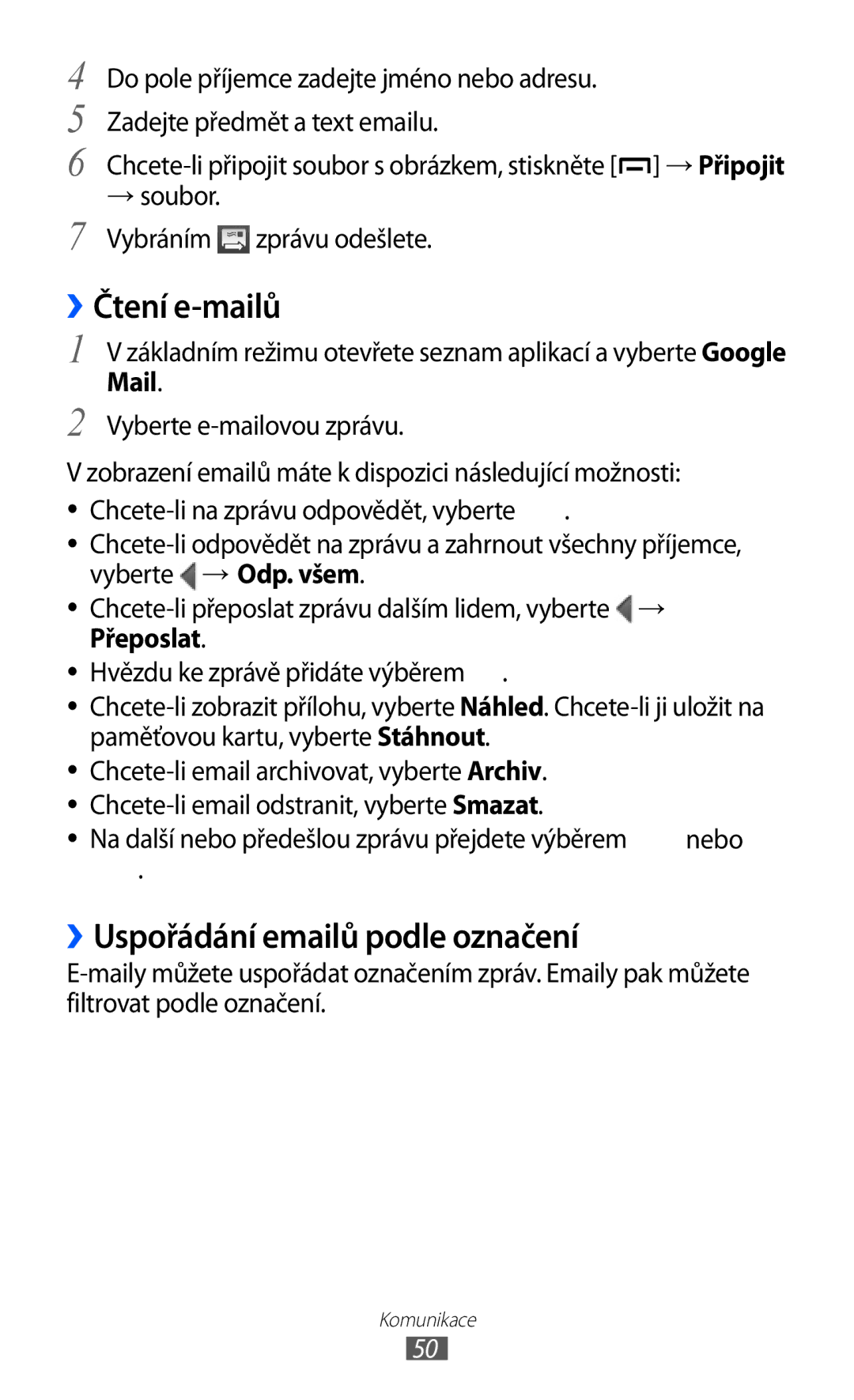 Samsung GT-B5510CAAO2C manual ››Čtení e-mailů, ››Uspořádání emailů podle označení, → soubor Vybráním zprávu odešlete 