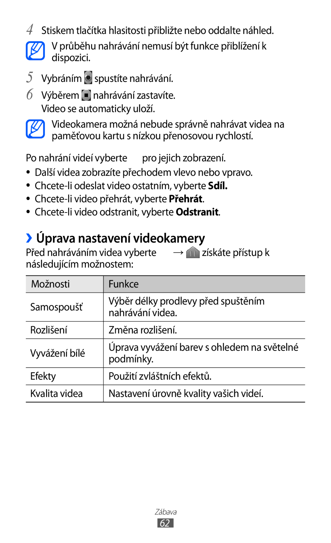 Samsung GT-B5510CAAO2C, GT-B5510CAAXSK manual Úprava nastavení videokamery, Po nahrání videí vyberte pro jejich zobrazení 