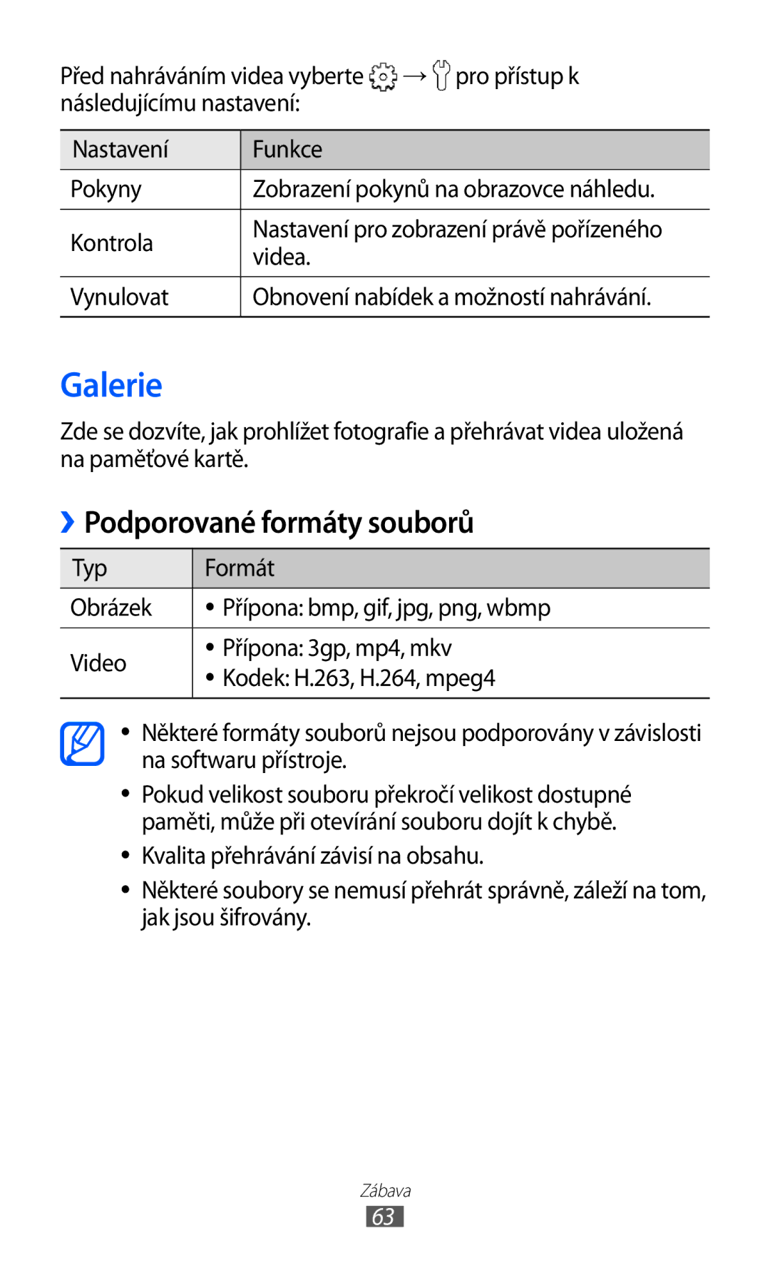 Samsung GT-B5510CAAXSK manual Galerie, ››Podporované formáty souborů, Videa Vynulovat Obnovení nabídek a možností nahrávání 