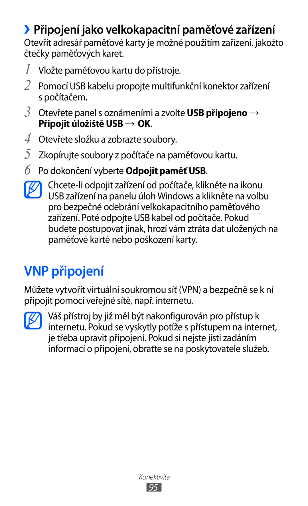 Samsung GT-B5510CAAXSK, GT-B5510CAAO2C manual VNP připojení, Připojit úložiště USB → OK, Otevřete složku a zobrazte soubory 