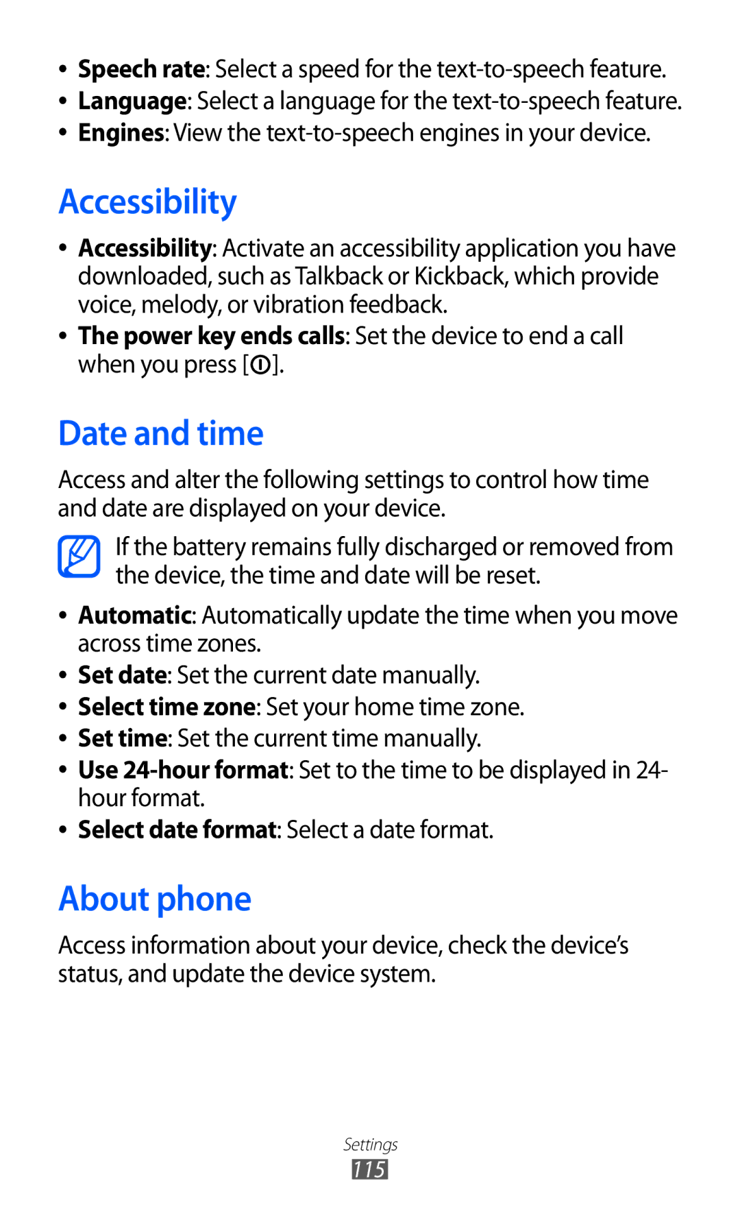 Samsung GT-B5510CAAVGR Accessibility, Date and time, About phone, Engines View the text-to-speech engines in your device 