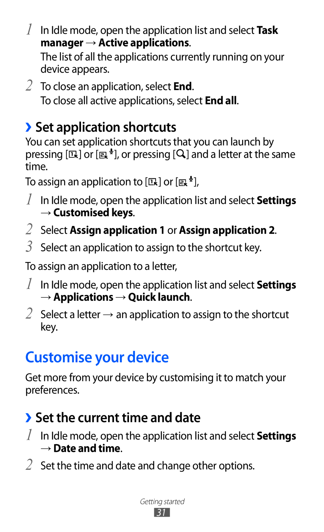 Samsung GT-B5510CAAO2C, GT-B5510CAATUR Customise your device, ››Set application shortcuts, ››Set the current time and date 