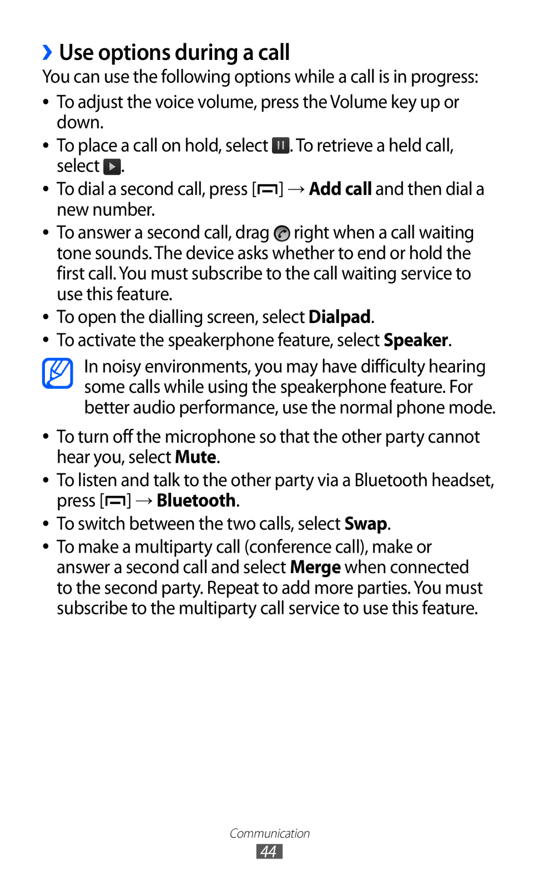 Samsung GT-B5510CAAXEF, GT-B5510CAATUR, GT-B5510CAADBT, GT-B5510WSATUR, GT-B5510CAANRJ manual ››Use options during a call 