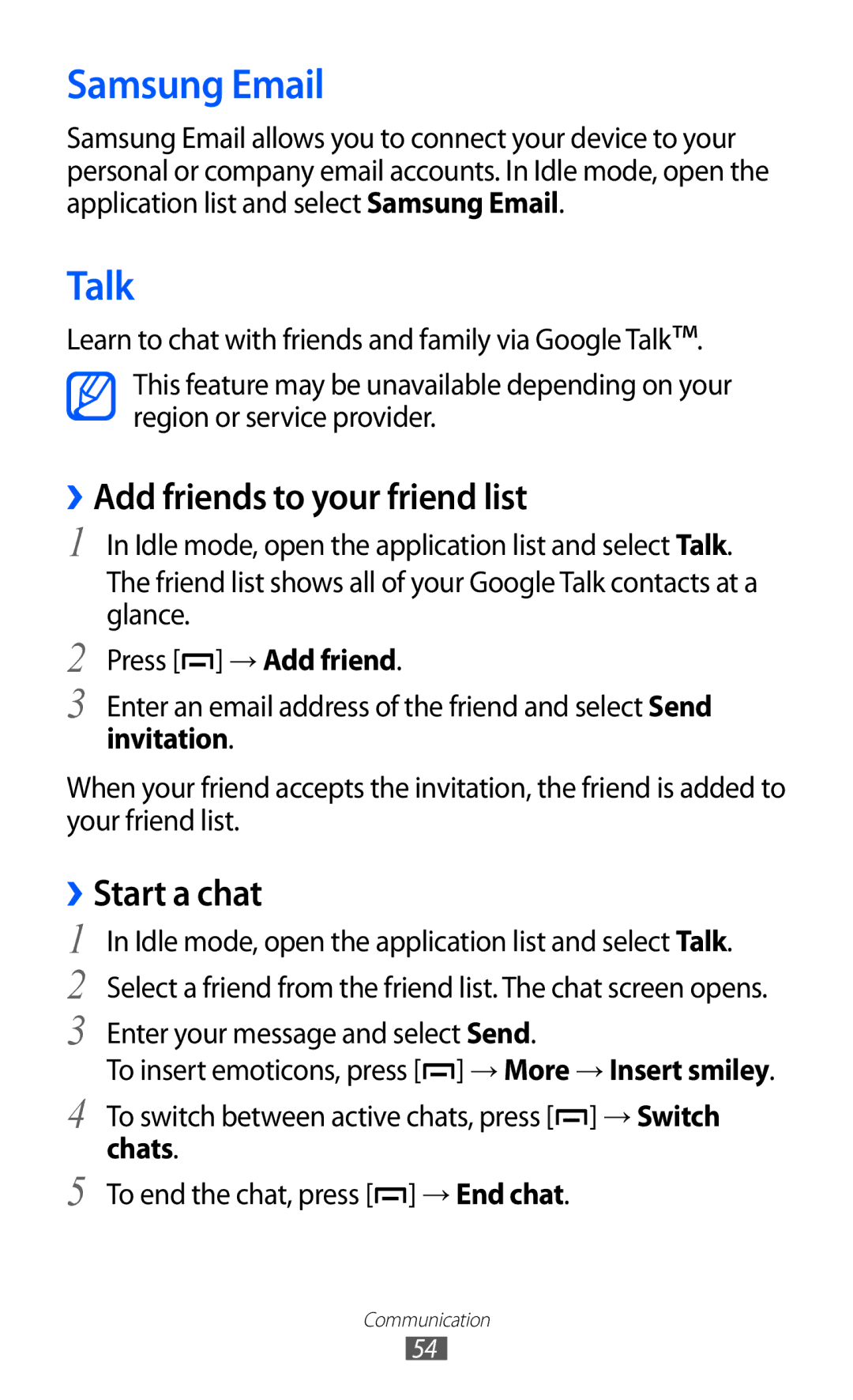 Samsung GT-B5510CAAYOG, GT-B5510CAATUR manual Samsung Email, Talk, ››Add friends to your friend list, ››Start a chat 
