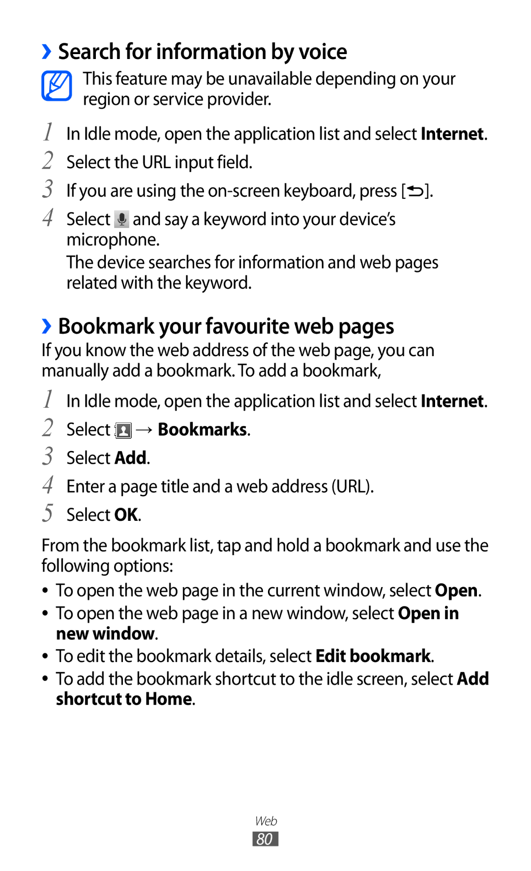 Samsung GT-B5510WSATUR manual ››Search for information by voice, ››Bookmark your favourite web pages, Select → Bookmarks 