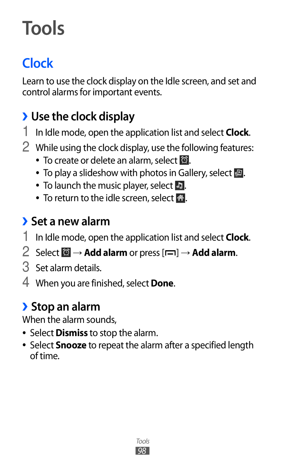 Samsung GT-B5510WSAATL, GT-B5510CAATUR manual Tools, Clock, ››Use the clock display, ››Set a new alarm, ››Stop an alarm 