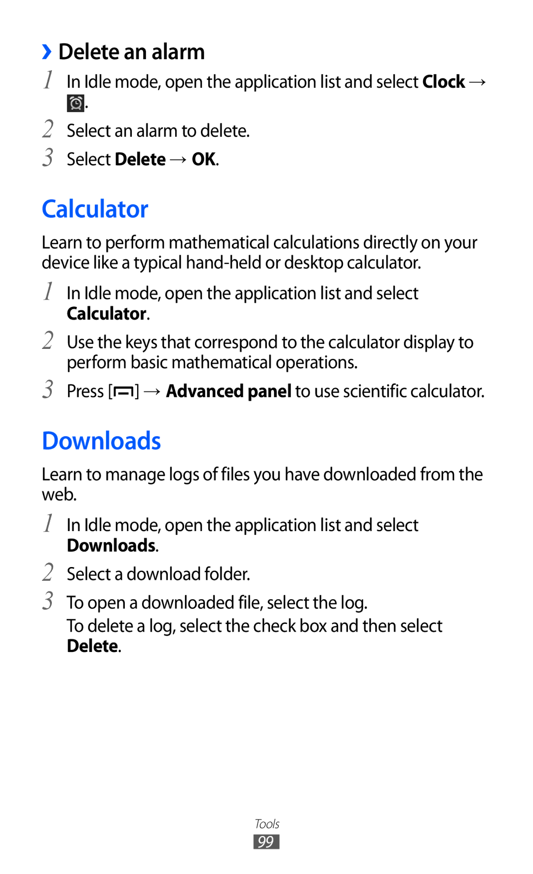 Samsung GT-B5510WSAPHE, GT-B5510CAATUR, GT-B5510CAADBT manual Calculator, Downloads, ››Delete an alarm, Select Delete → OK 