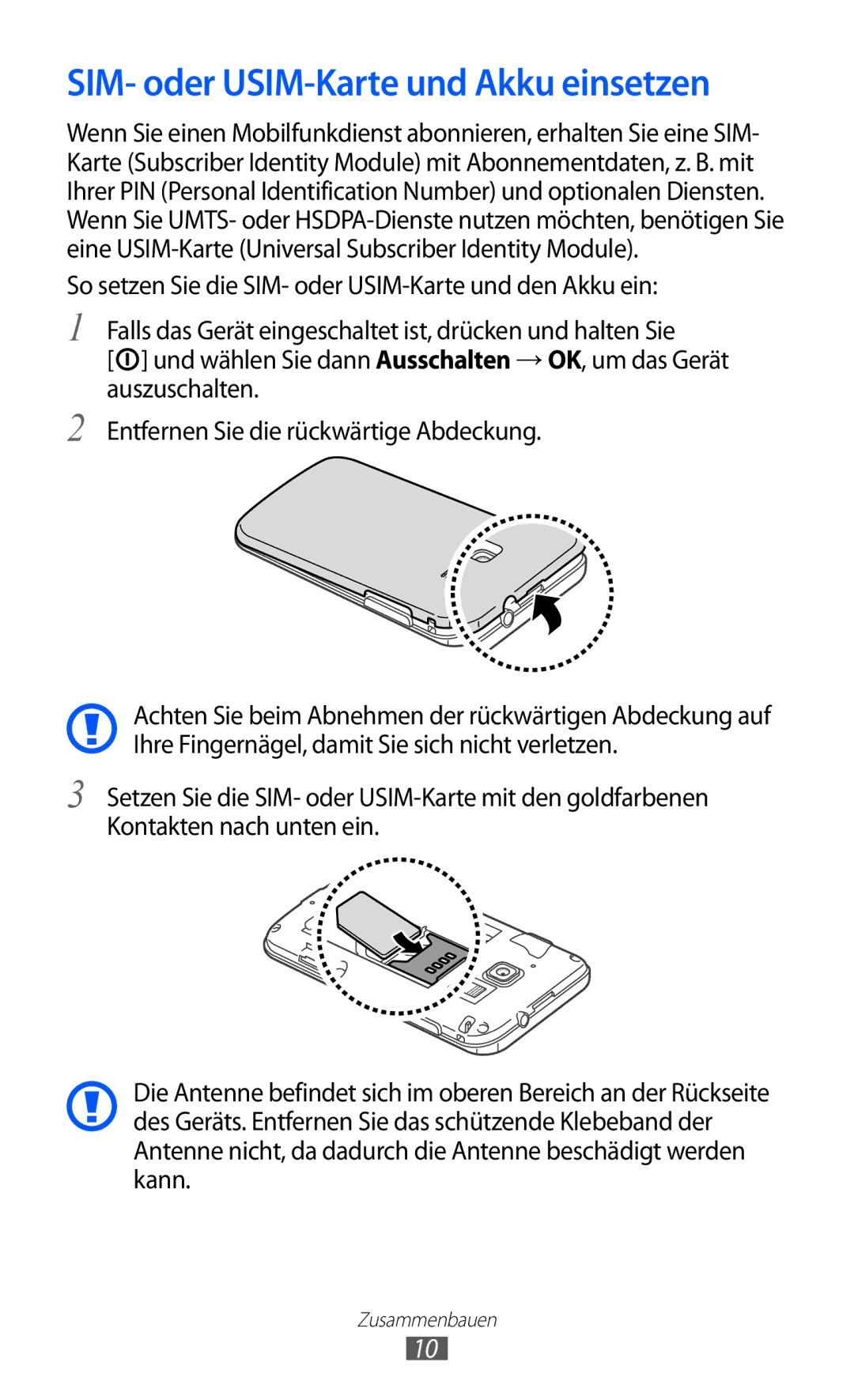 Samsung GT-B5510CAADBT, GT-B5510CAATUR, GT-B5510WSATUR manual SIM- oder USIM-Karte und Akku einsetzen 