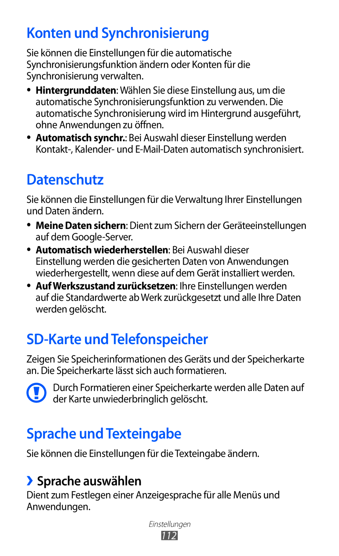 Samsung GT-B5510CAADBT Konten und Synchronisierung, Datenschutz, SD-Karte und Telefonspeicher, Sprache und Texteingabe 