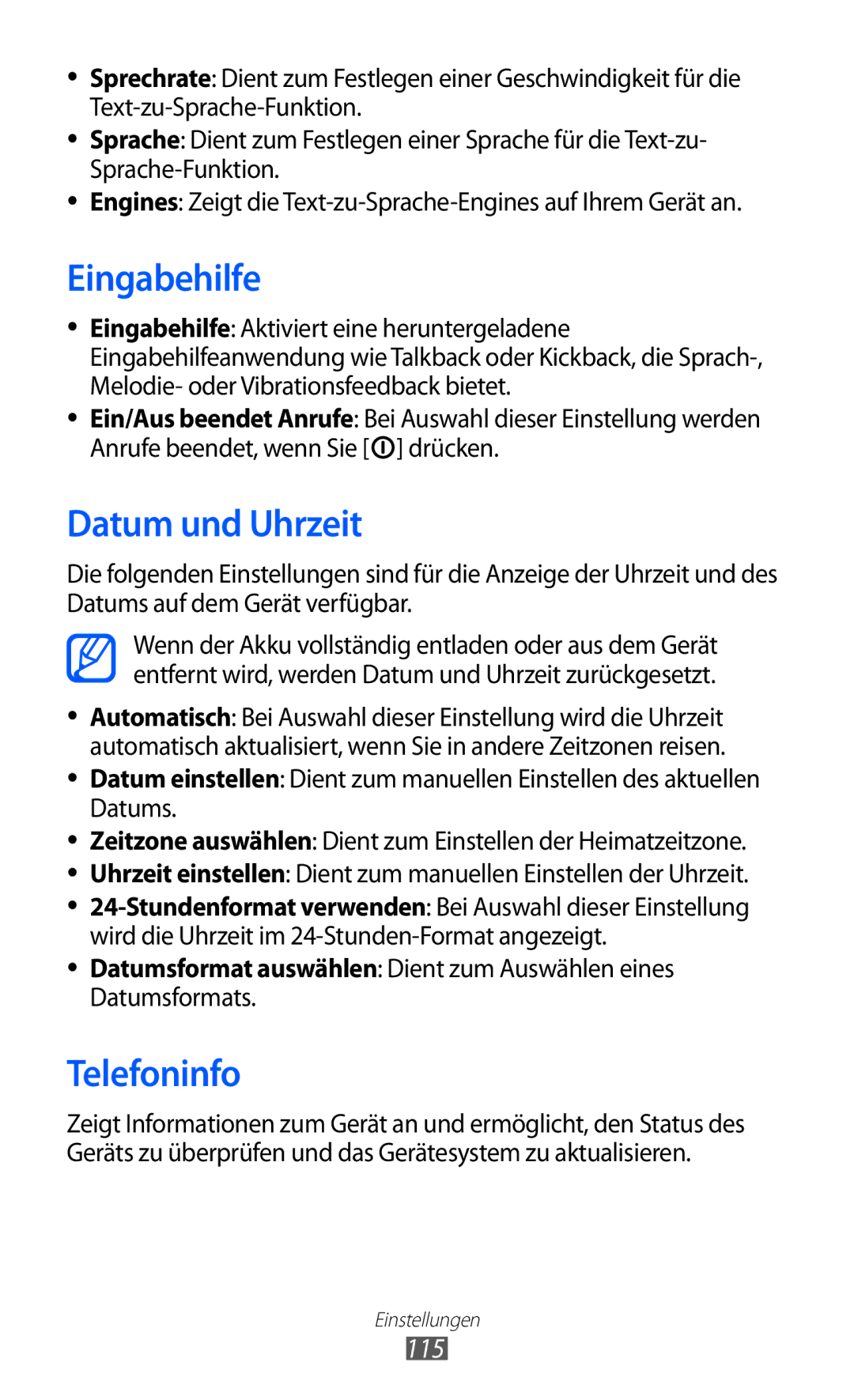 Samsung GT-B5510CAADBT, GT-B5510CAATUR, GT-B5510WSATUR manual Eingabehilfe, Datum und Uhrzeit, Telefoninfo, 115 