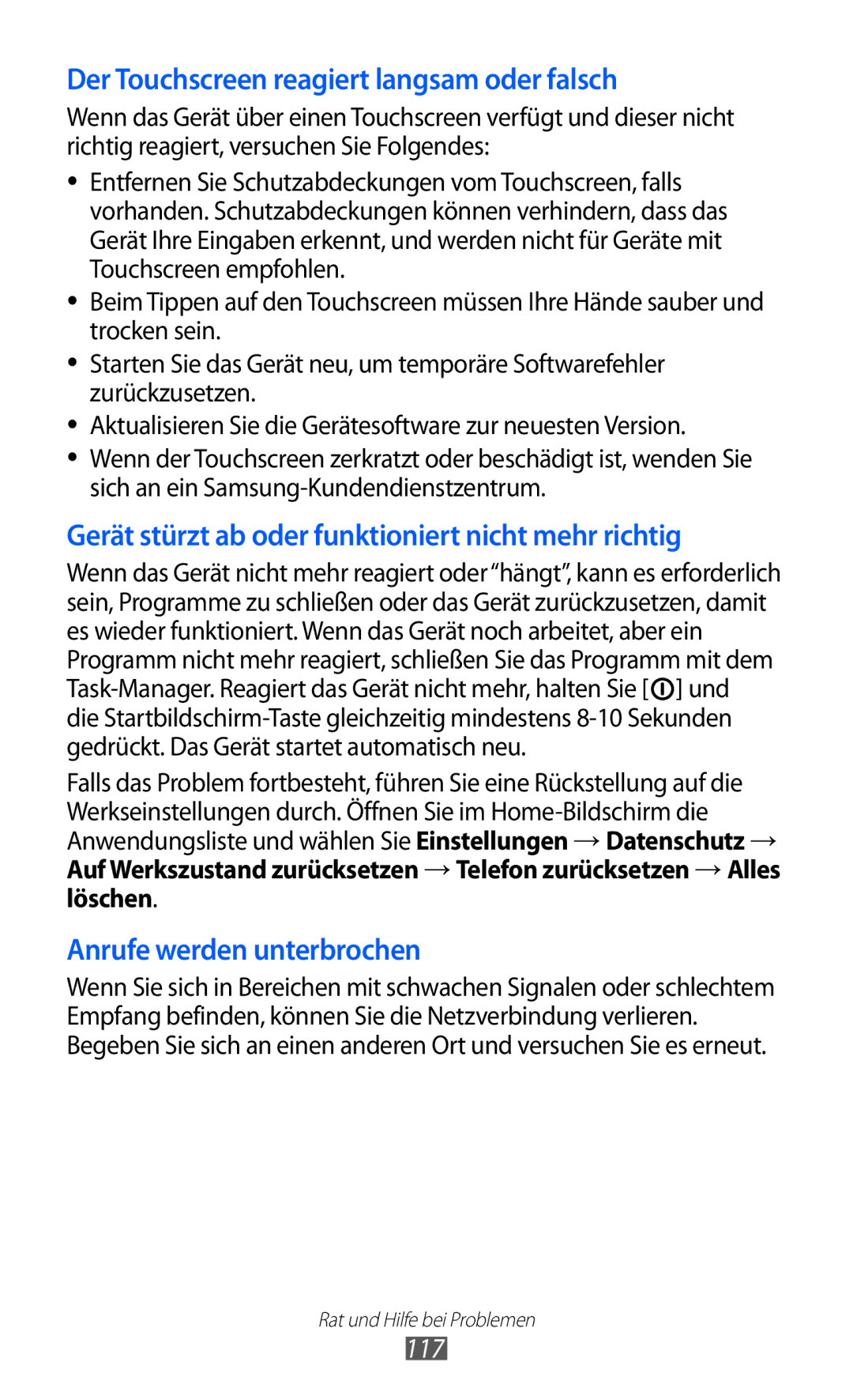 Samsung GT-B5510CAATUR, GT-B5510CAADBT, GT-B5510WSATUR manual Der Touchscreen reagiert langsam oder falsch, 117 