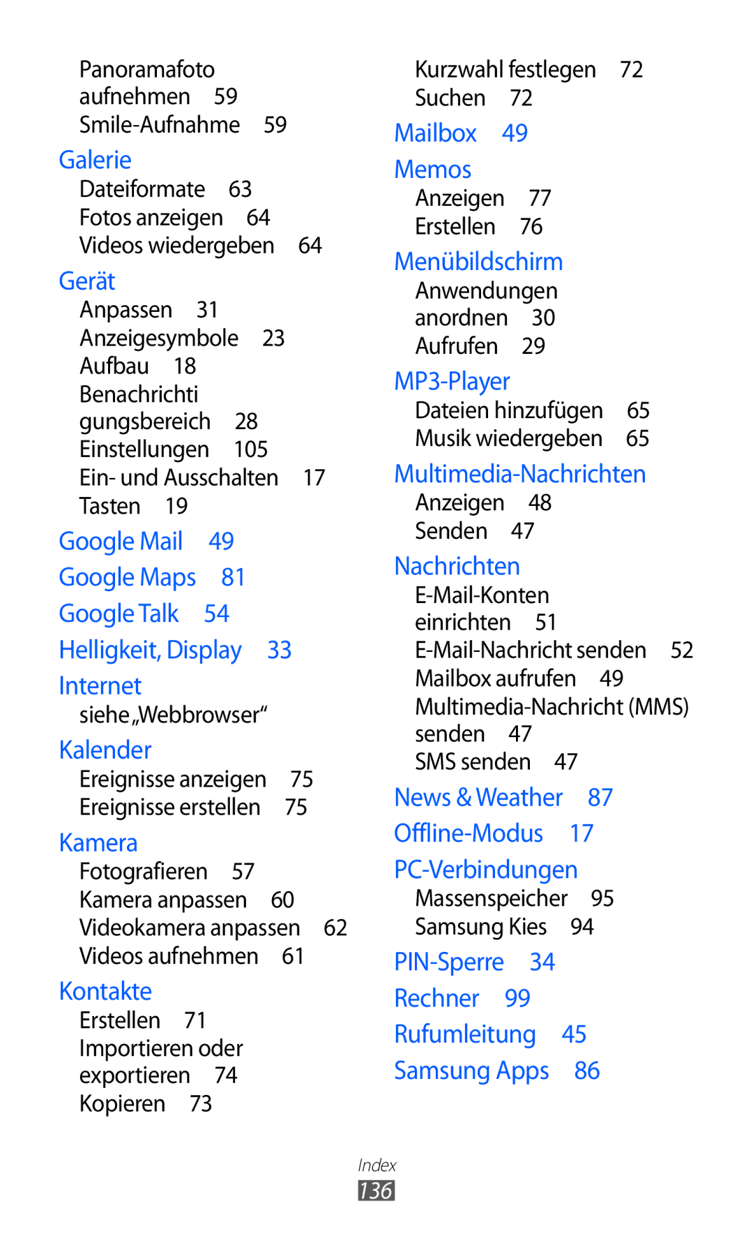 Samsung GT-B5510CAADBT, GT-B5510CAATUR, GT-B5510WSATUR manual Gerät, 136 