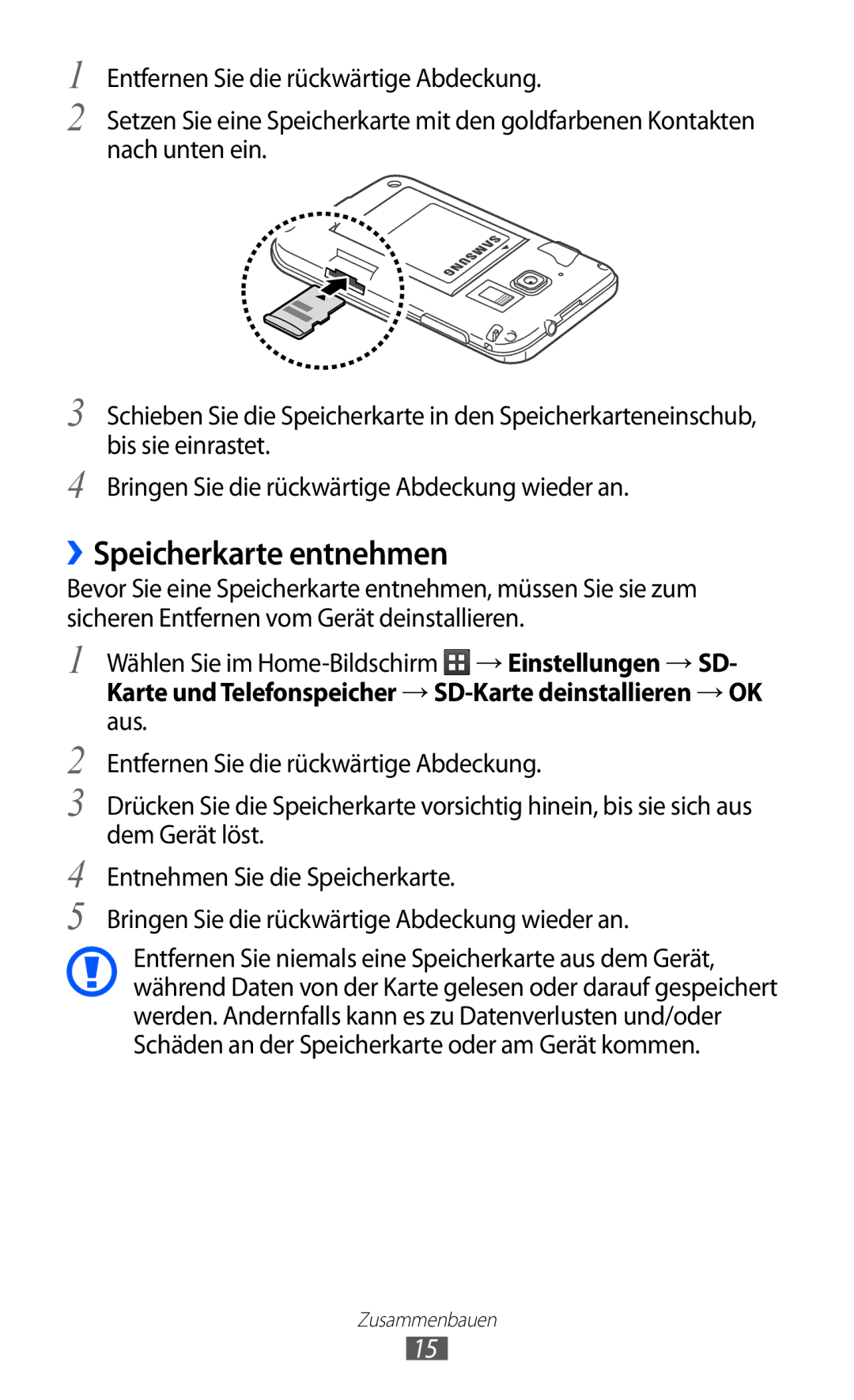 Samsung GT-B5510CAATUR, GT-B5510CAADBT, GT-B5510WSATUR manual ››Speicherkarte entnehmen 