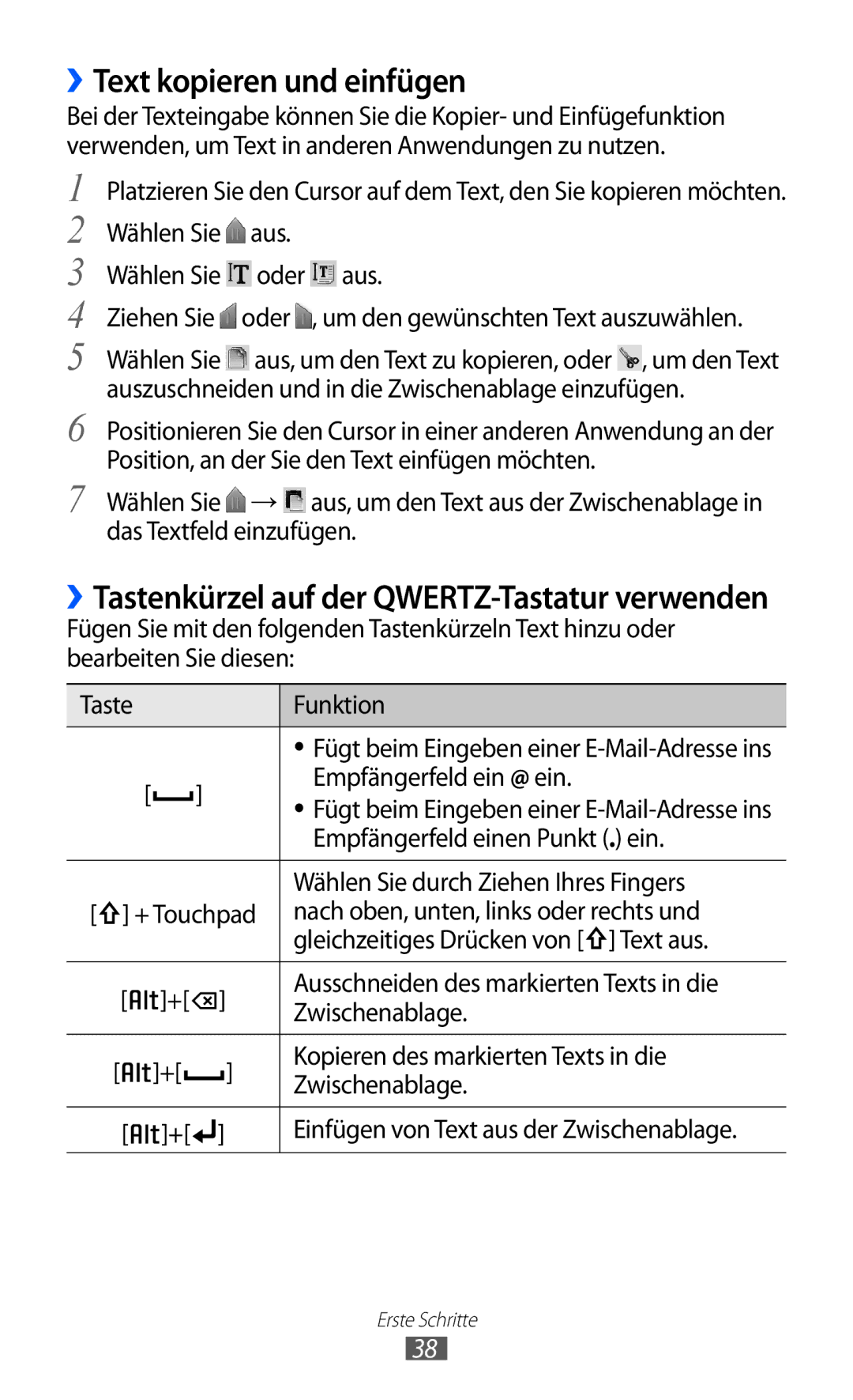 Samsung GT-B5510WSATUR, GT-B5510CAATUR manual ››Text kopieren und einfügen, ››Tastenkürzel auf der QWERTZ-Tastatur verwenden 