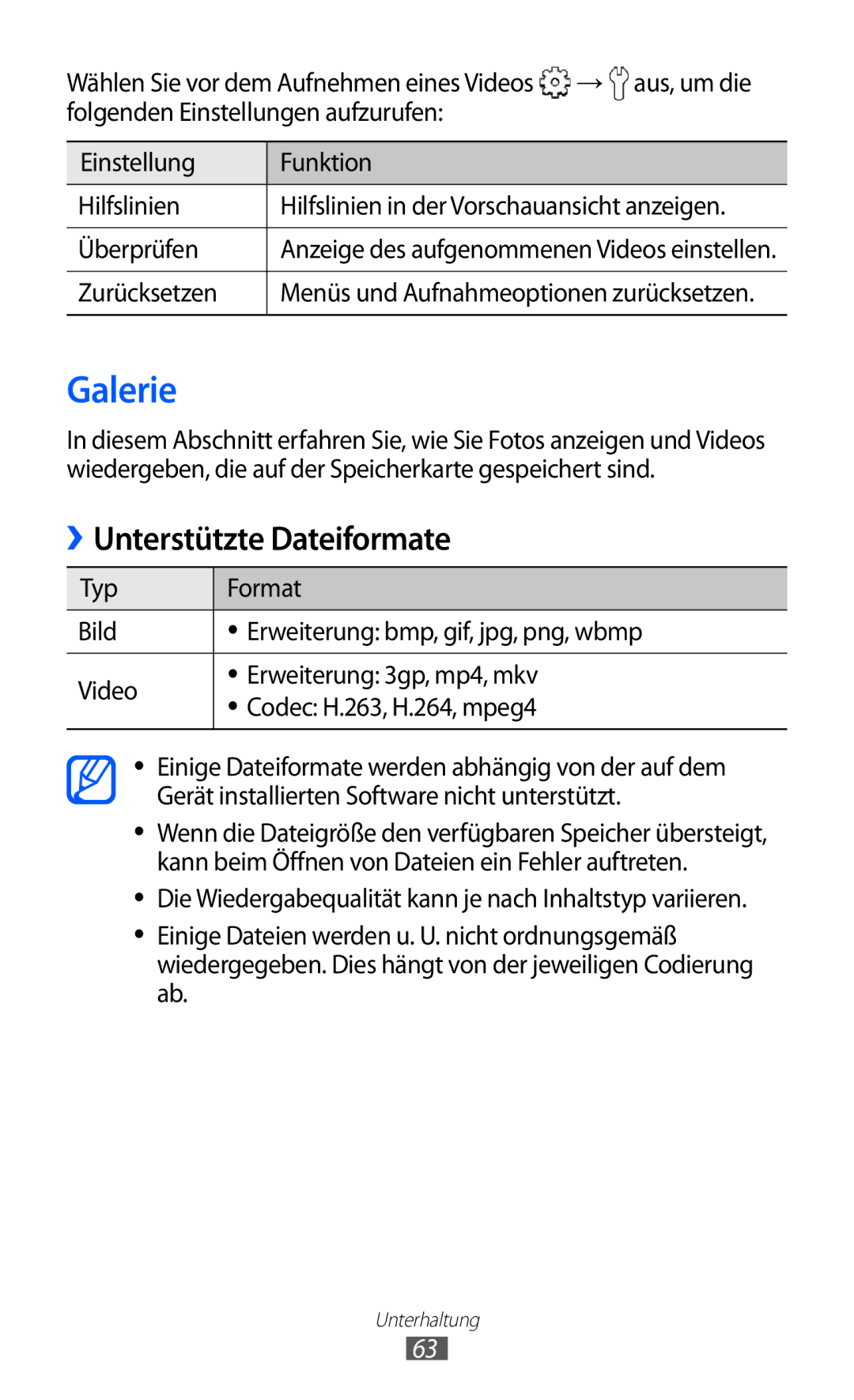 Samsung GT-B5510CAATUR, GT-B5510CAADBT, GT-B5510WSATUR manual Galerie, Unterstützte Dateiformate 