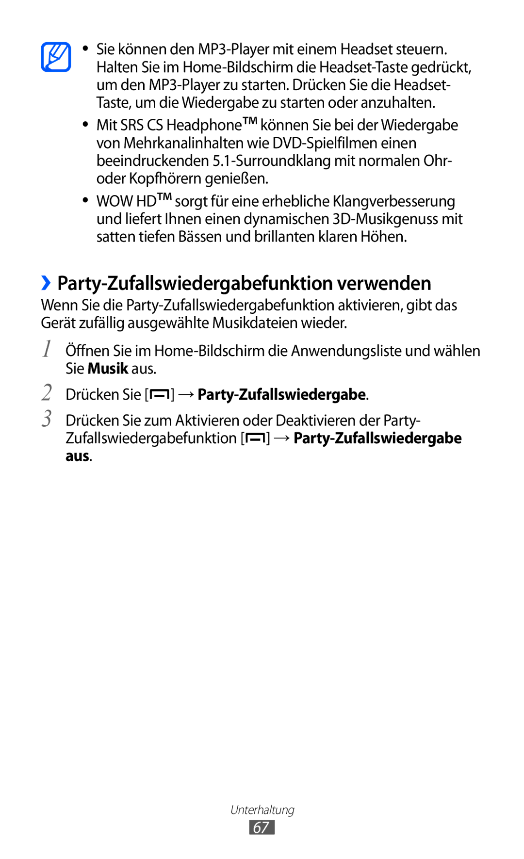 Samsung GT-B5510CAADBT, GT-B5510CAATUR ››Party-Zufallswiedergabefunktion verwenden, Drücken Sie → Party-Zufallswiedergabe 