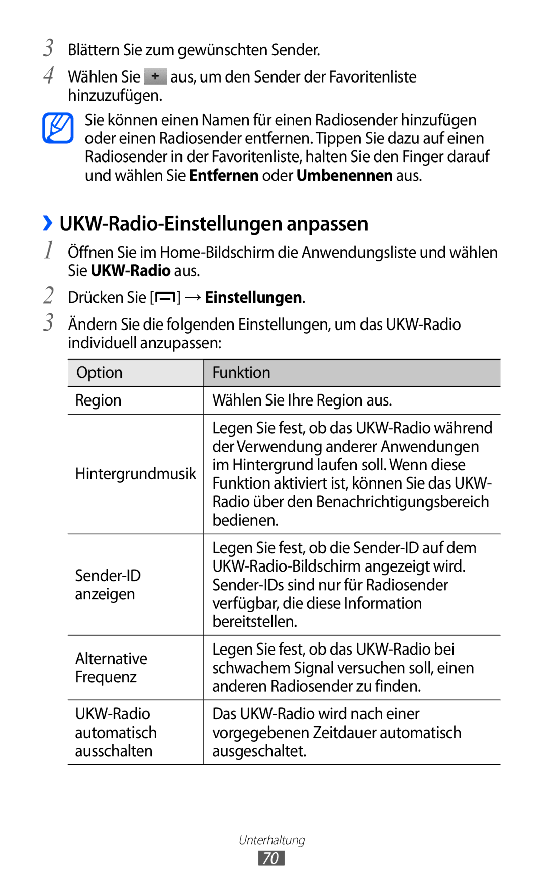 Samsung GT-B5510CAADBT, GT-B5510CAATUR, GT-B5510WSATUR manual ››UKW-Radio-Einstellungen anpassen 