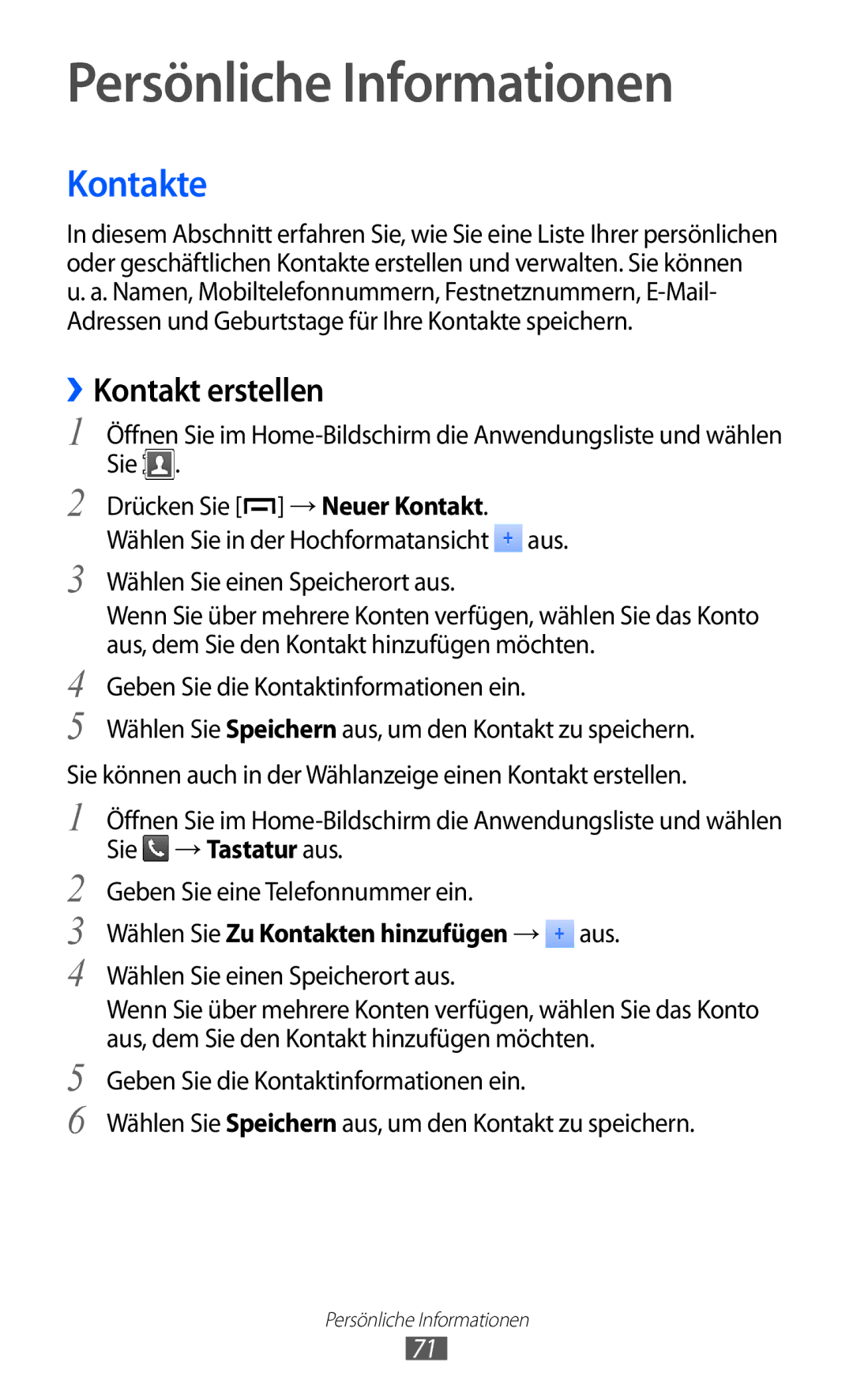 Samsung GT-B5510WSATUR manual Persönliche Informationen, ››Kontakt erstellen, Wählen Sie Zu Kontakten hinzufügen → aus 