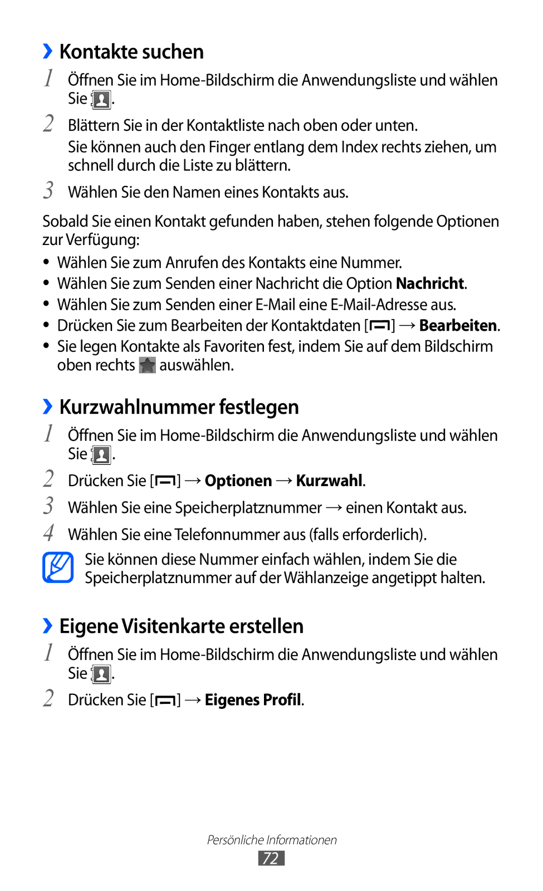 Samsung GT-B5510CAATUR, GT-B5510CAADBT manual ››Kontakte suchen, ››Kurzwahlnummer festlegen, ››Eigene Visitenkarte erstellen 