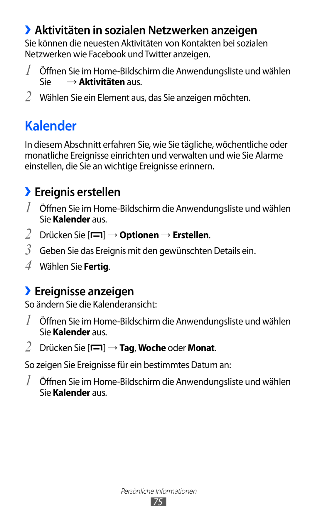 Samsung GT-B5510CAATUR, GT-B5510CAADBT manual Kalender, ››Aktivitäten in sozialen Netzwerken anzeigen, ››Ereignis erstellen 
